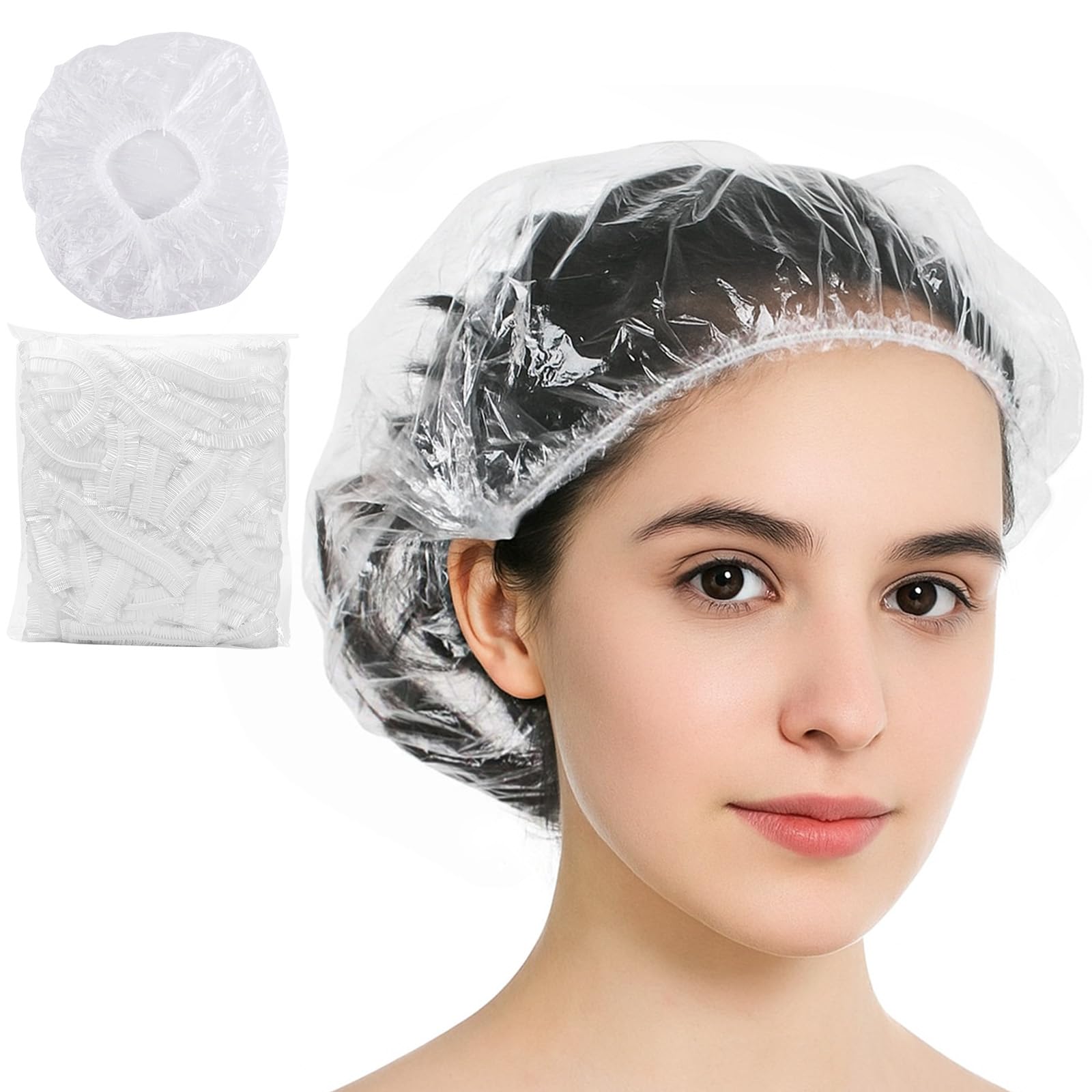50 Pcs Disposable Shower Hat, Waterproof Plastic Shower Caps for Women, Hair Treatment Hats for Salon Spa Travel Home Hotel Shower Use (White)