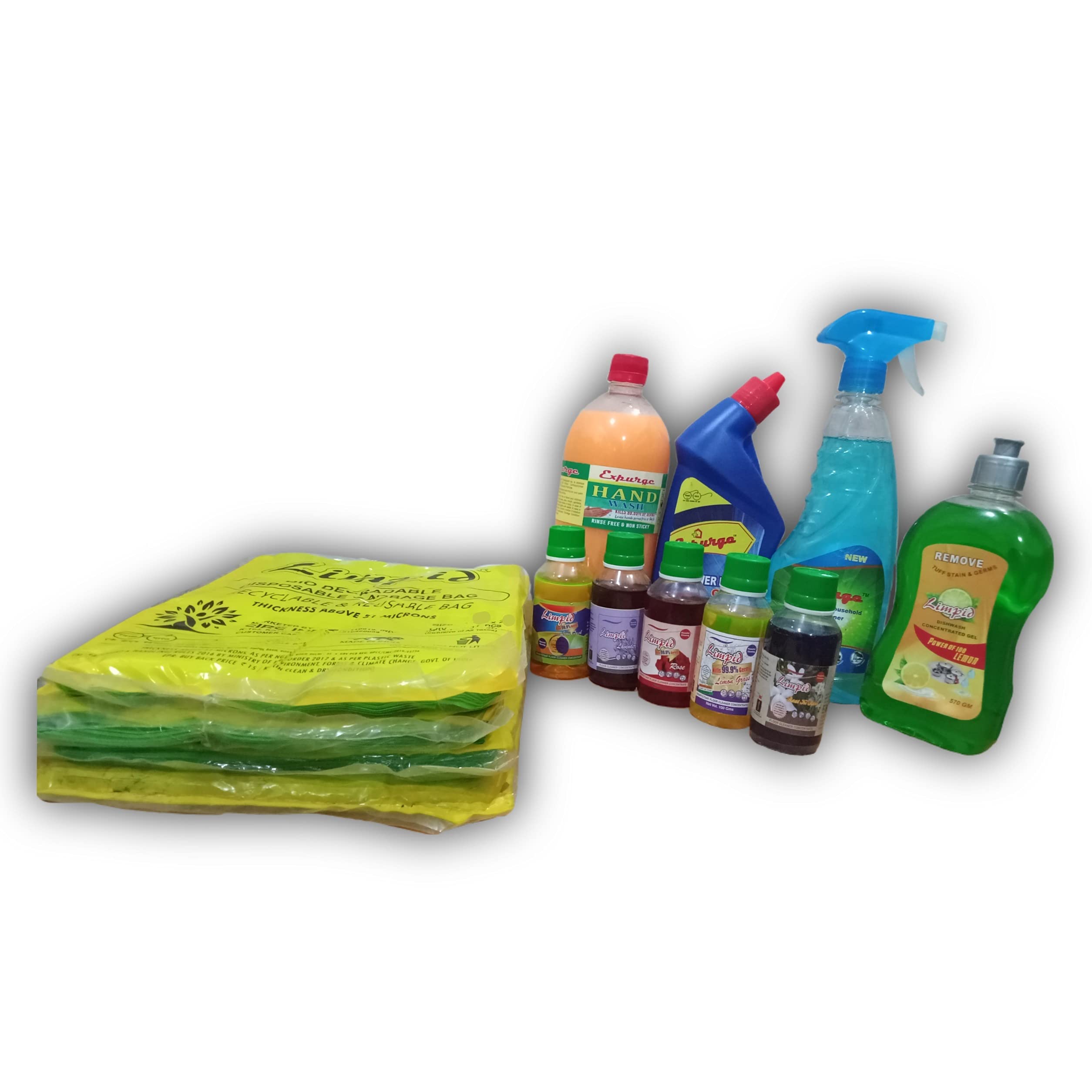 Limpid Extra Large Garbage Bag 32"×42" (4 Pkts), Floor Cleaner Concentrate 100 g (5 Pcs - Lime, Rose, Lemongrass, Raat Ki Rani & Lavender), Toilet & Glass Cleaner 500 ml, Dishwash 570 g, Handwash 1 L