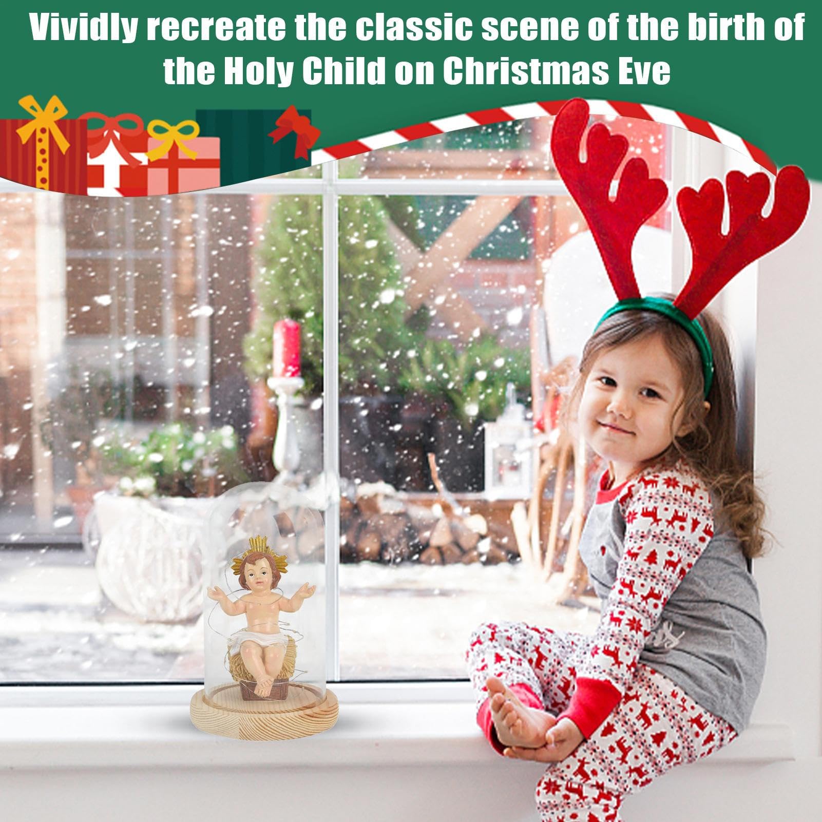 Figurka Baby Jesus, świecąca figurka Jezusa z żywicy w żłobie, ze światłem, świecąca szopka bożonarodzeniowa, dekoracja do domu, biura, na święta, Boże Narodzenie, wierzących chrześcijańskich
