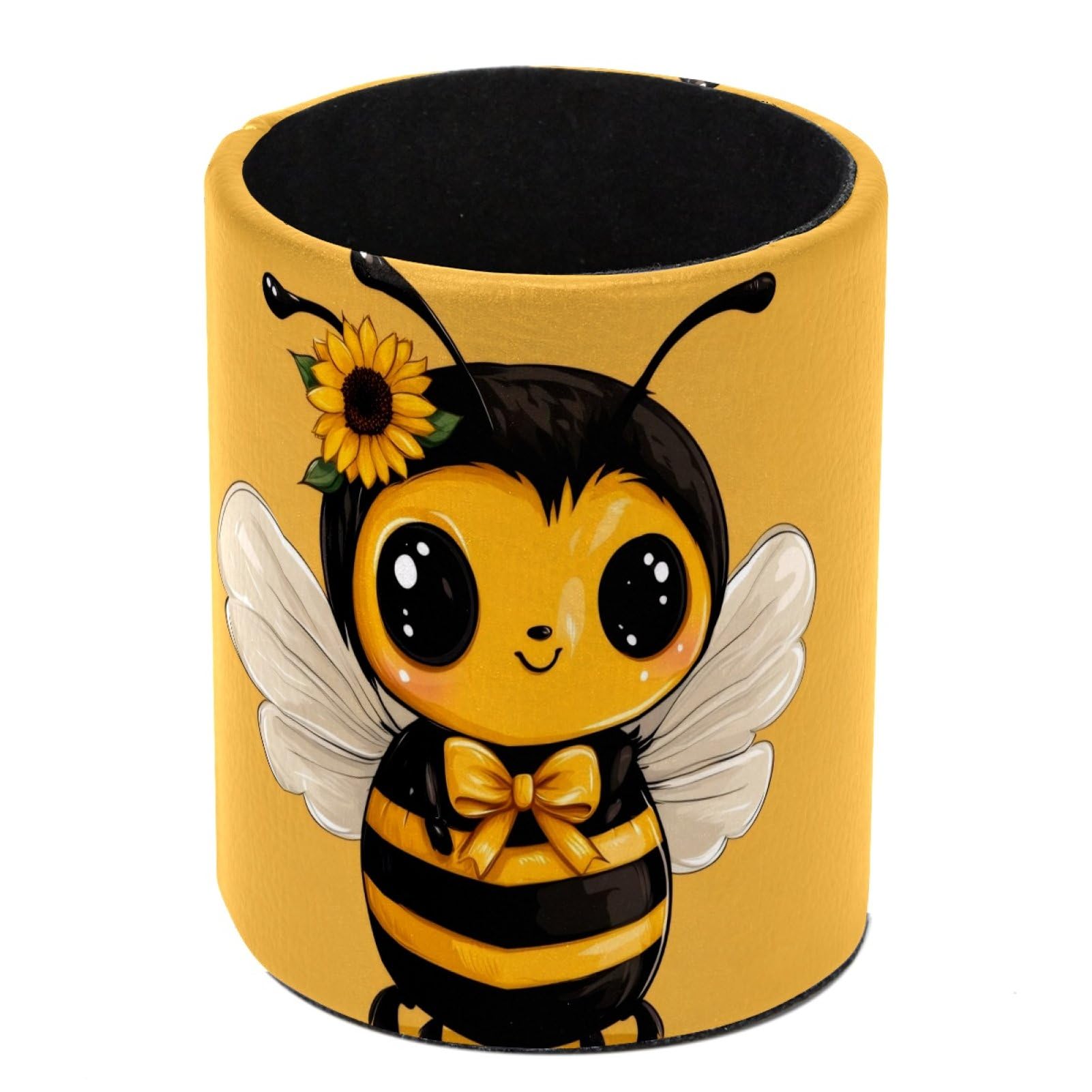 Luoweisi Cartoon Bee Pen Holder for Desk, Leather Pen Pot, Desk Pencil Holder Round Makeup Organiser Home Office School Suppliers