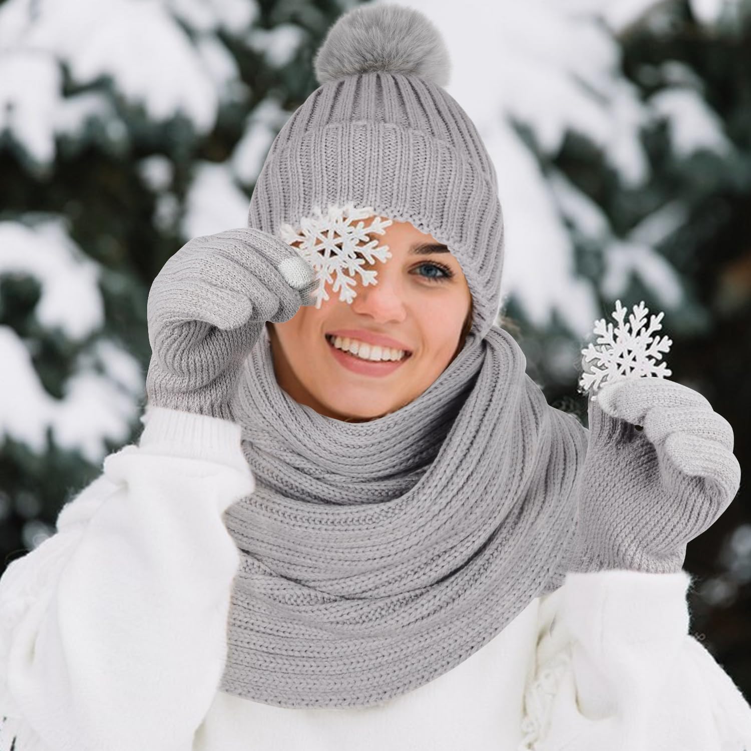Gorro Bufanda De Punto Guantes Invierno Set, 4pcs Conjunto Esqui Mujer con Guantes Pantalla Táctil y Calcetines Térmicos, Conjunto Gorro Calavera para Mujer Deportes Aire Libre