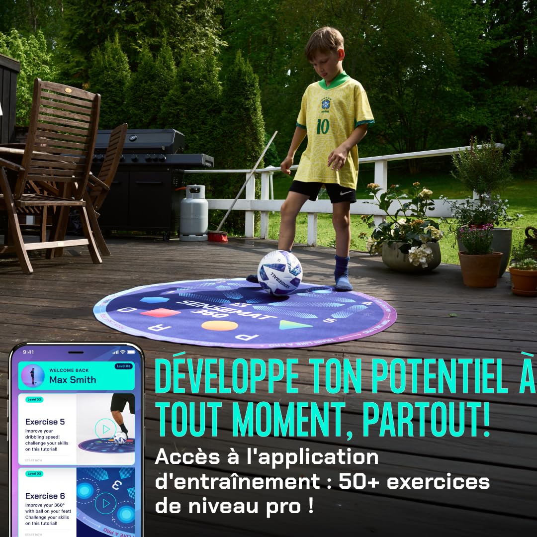 SenseBall - SenseMat 360 - Tapis d'Entraînement Football Cognitif & Jeu de Jambes - Méthode CogiTraining avec Application Incluse (120x120cm), Bleu