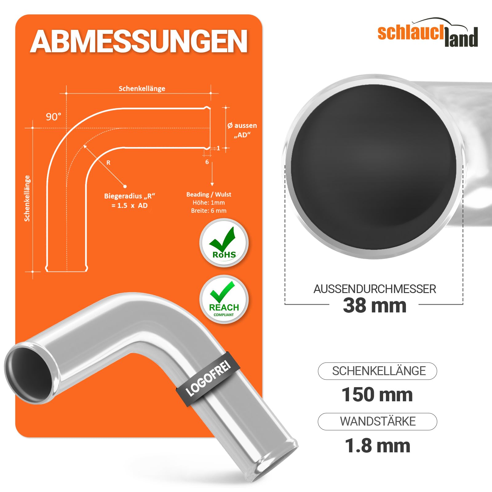 90° ALU-ROHRBOGEN AD-Ø 38mm silber Alurohr poliert & gebördelt | AUSWAHL FARBEN & GRÖSSEN | Alu-Rohr-Bogen DIN EN T6063 Grad Aluminium Rohr Winkel Motor KFZ LLK Bogen Turbo Schlauch-Verbinder