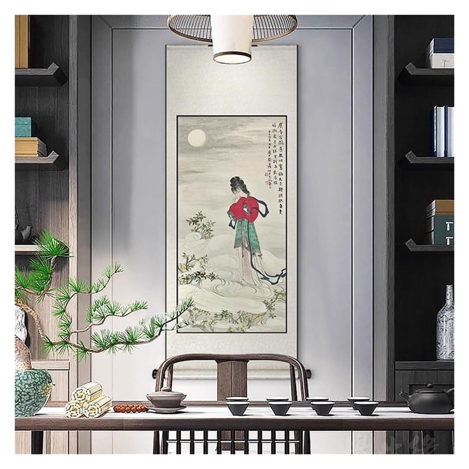 Starożytne malowidło figuralne, chiński ręcznie robiony pionowy wystrój, wiszące dekoracje biurowe Feng Shui, dzieło sztuki gotowe na prezent(Creamy white D,59L x 148W cm)