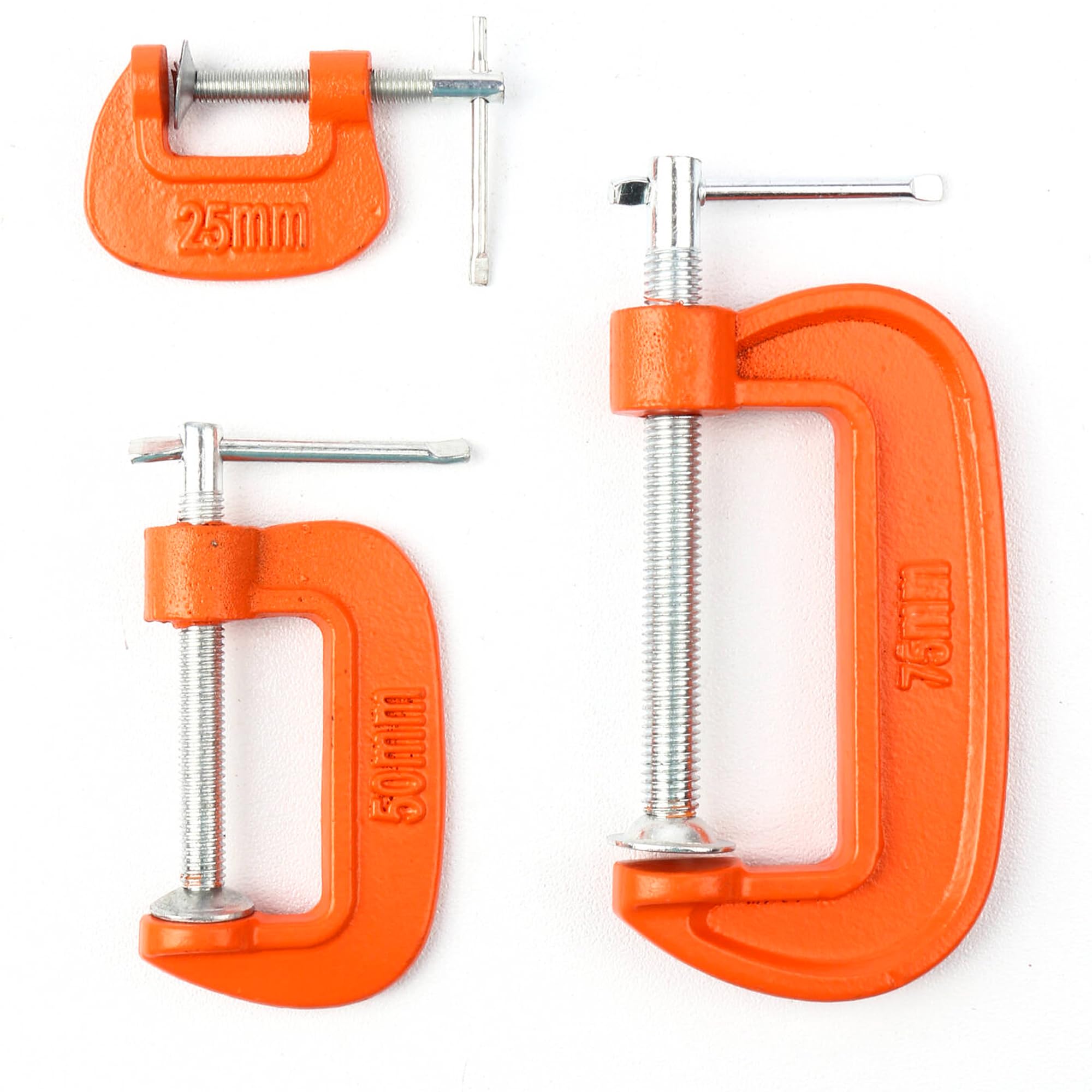 Versa-Mart 3pcs C Clamp Set 25 mm/50 mm/75 mm C Screw Clamps - Strong G Clamp in Orange for Woodworking, Welding, and More