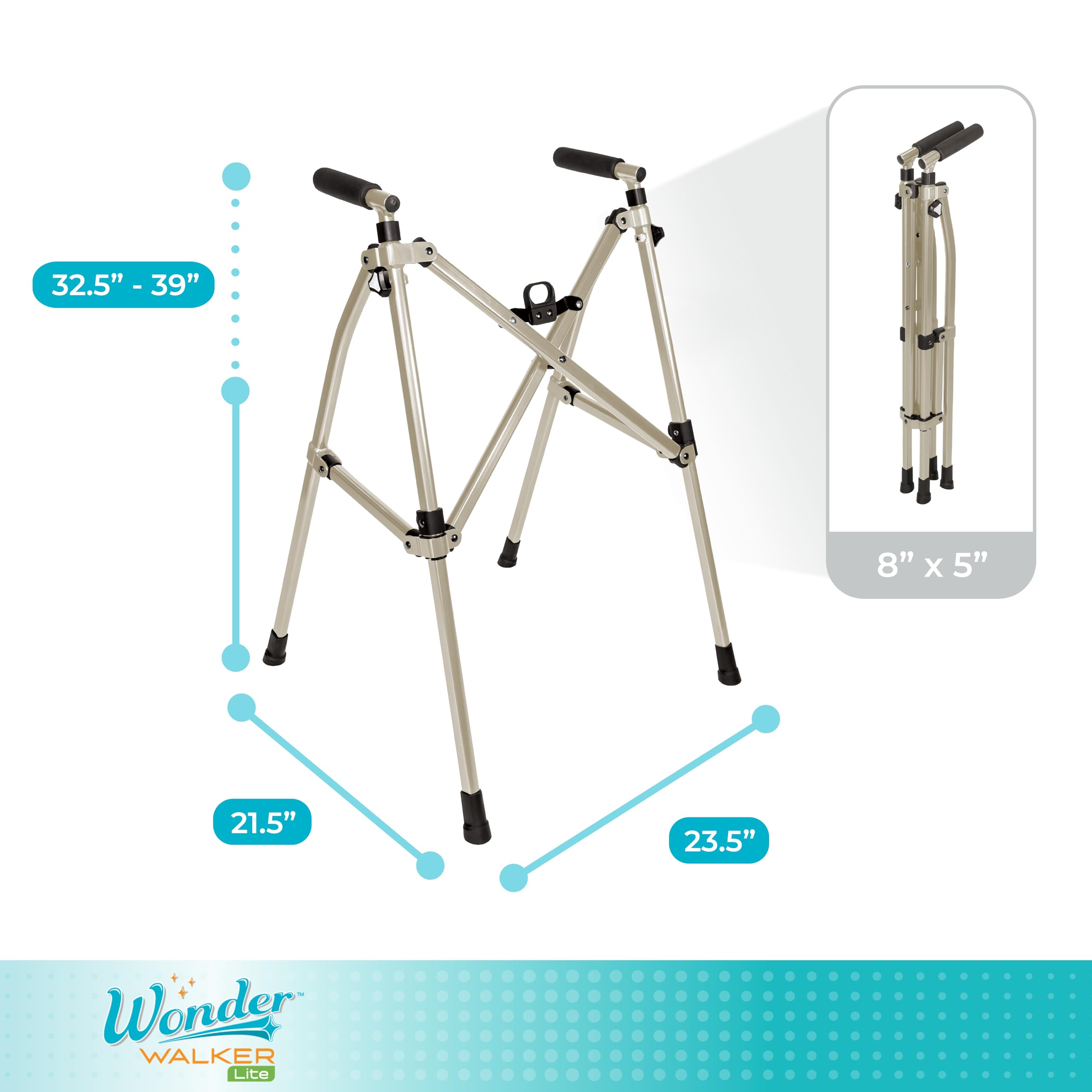 Wonder Walker Lite by Stander, andador ligero y plegable para adultos, personas mayores y ancianos, andador de viaje plegable para apoyo de movilidad, andador estándar compacto sin ruedas, arena del