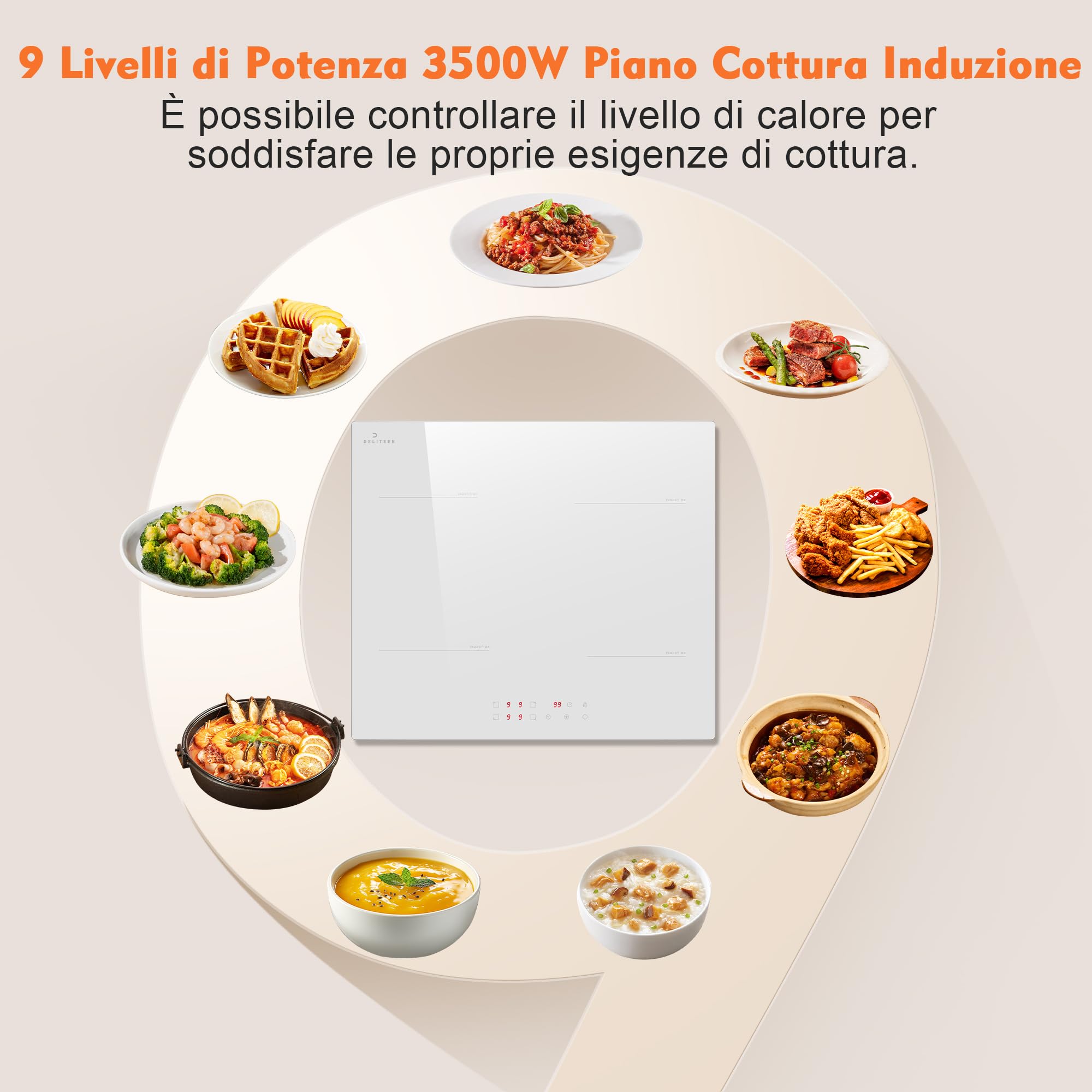 DELITEER Piano Cottura Induzione 4 Fuochi, Piano Cottura a Induzione Bianco 3500W, Piano Cottura da Incasso 59CM Con Spina, 9 Livelli di Potenza, Blocco di Sicurezza, Controllo Tattile, 220V