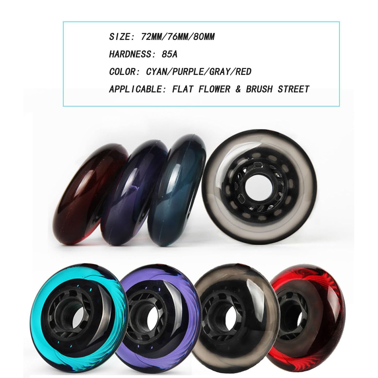 Roues de Patins à Roues alignées 72 mm/76 mm/80 mm, dureté 85 A, Roues de Rechange pour Hockey en Ligne en extérieur, Lot de 8, Cyan, 80 mm