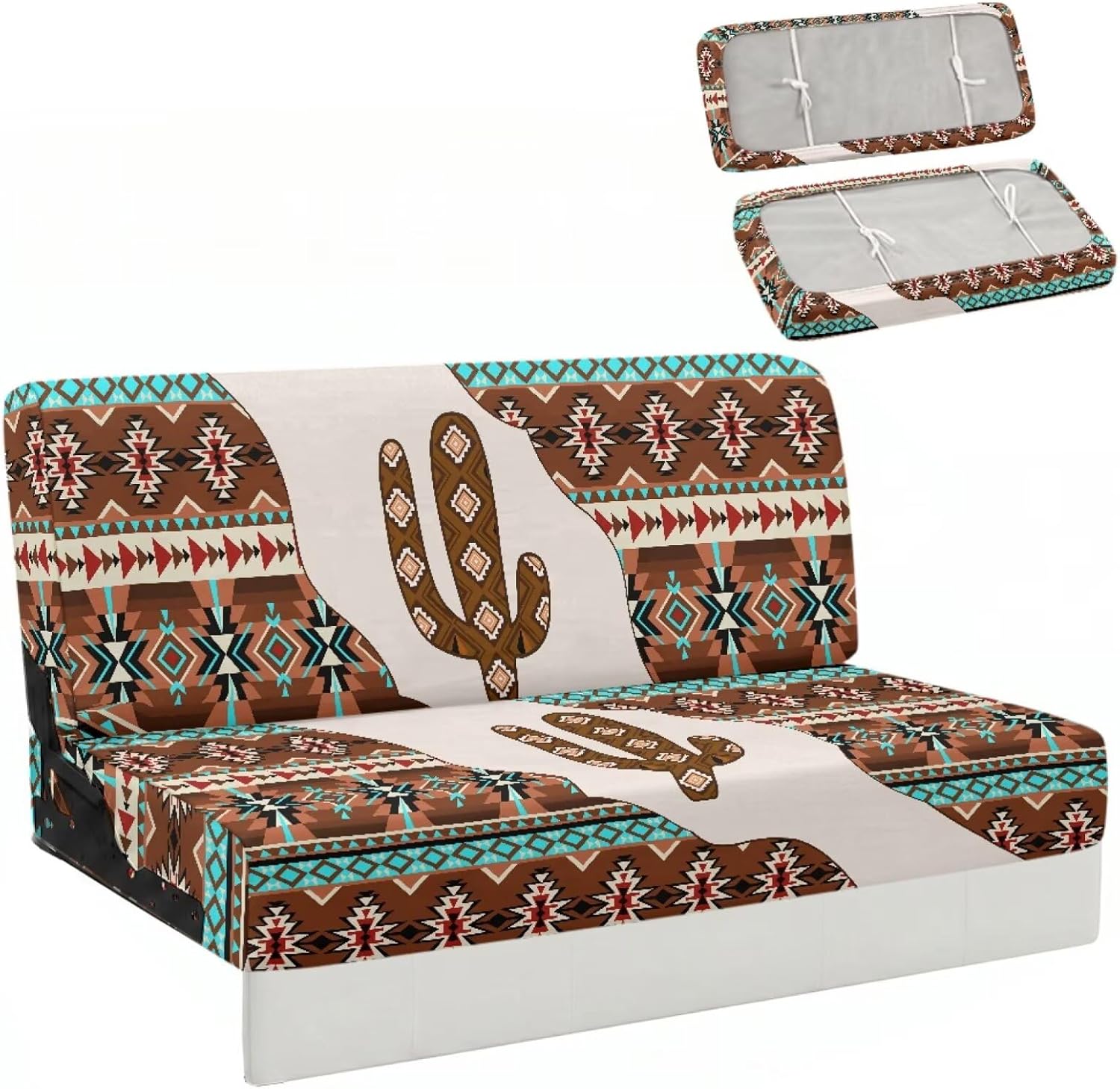 Vintage Brown Southwest RV Couch Covers Stretchable Cactus Camper Sofa Slipcover Non Slip Jackknife Sleeper Sofa Cushion Covers for RV Jackknife Sofa Bed
