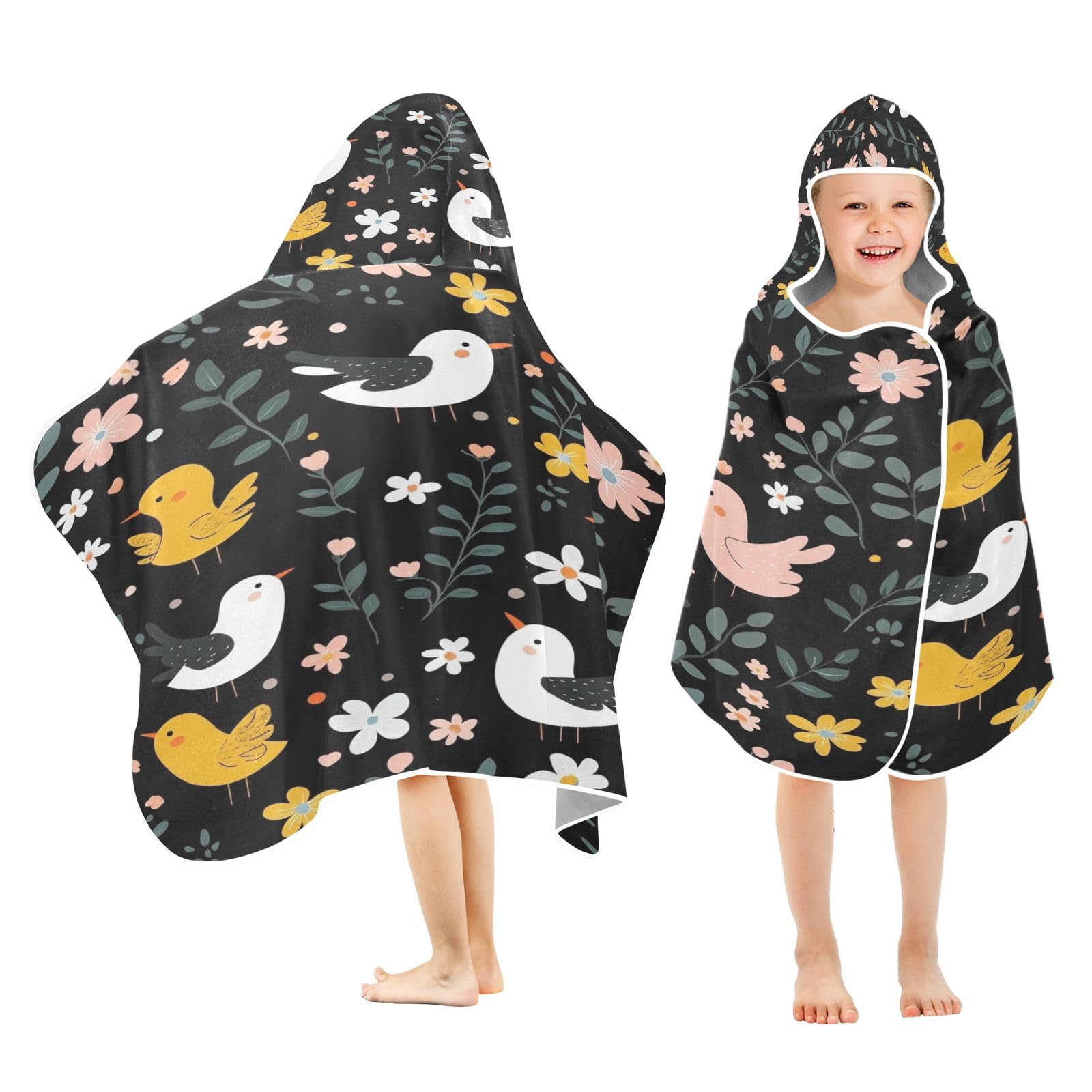 Kigai Bird Flowers Hooded Beach Towel for Kids Soft Absorbent Quick Dry Bath Towel with Hood Lightweight Toddler Shower Pool Bath Wrap for Boys Girls