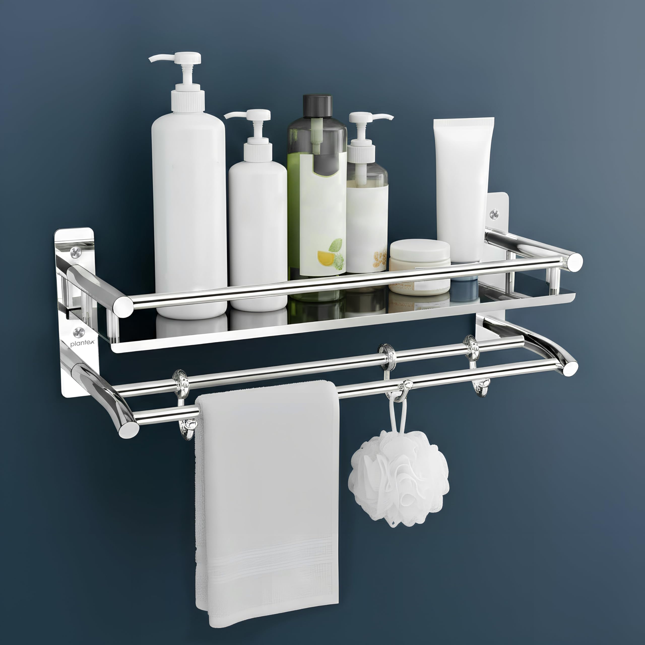 Plantex Premium Stainless Steel Bathroom Shelf/Multipurpose Rack with Towel Hooks & Hanger/Rod/Bathroom Organiser with Drill/Bathroom Stand-(2-Tier,Chrome)