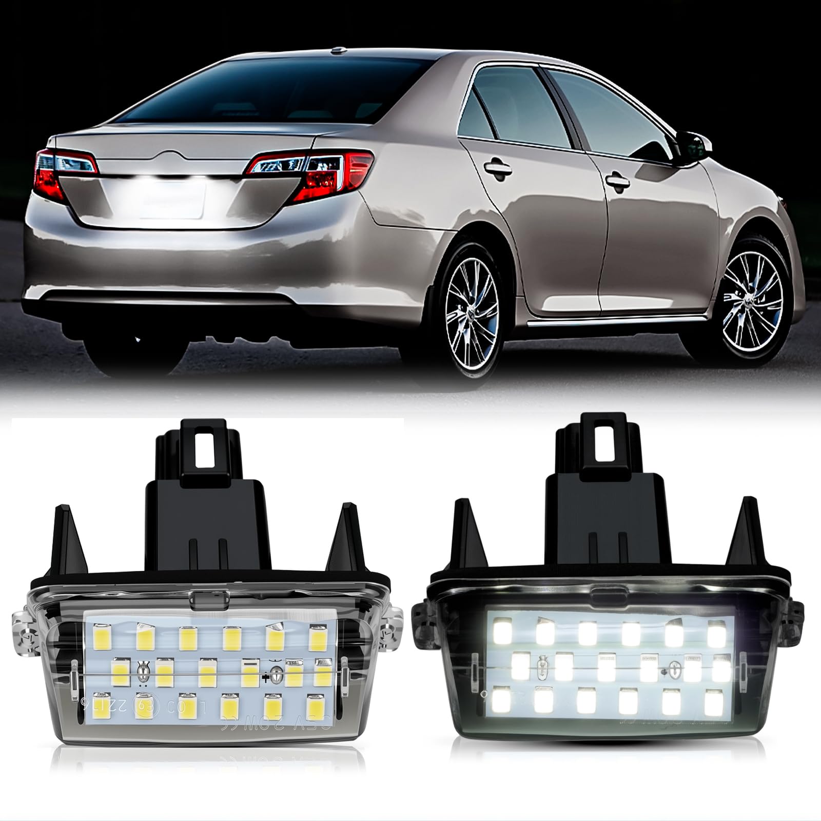 LED License Plate Light Tag Lamp Assembly for Toyo-ta Camry Highlander Avalon Prius C Yaris, Powered by 18-SMD Xenon White LED Tag Lights, Pack of 2
