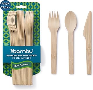 Bambu Pack of 24 - Bamboo Utensils Disposable Set, Biodegradable Eco Friendly Products, Bamboo Utensils for Events, Compostable Cutlery