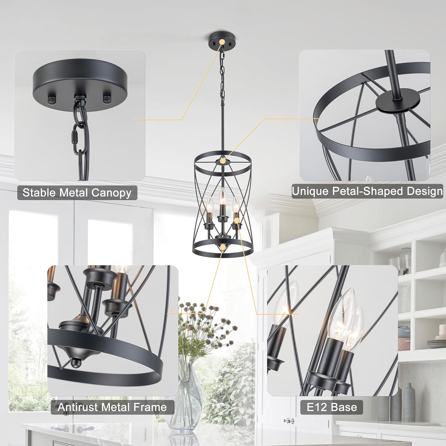 3-Light Farmhouse Pendant Light, Modern Industrial Black Chandelier with Open Drum Cage, E12 Ceiling Light Fixture, Adjustable Hanging Lantern for Kitchen Island, Dining Room, Entryway, Bedroom