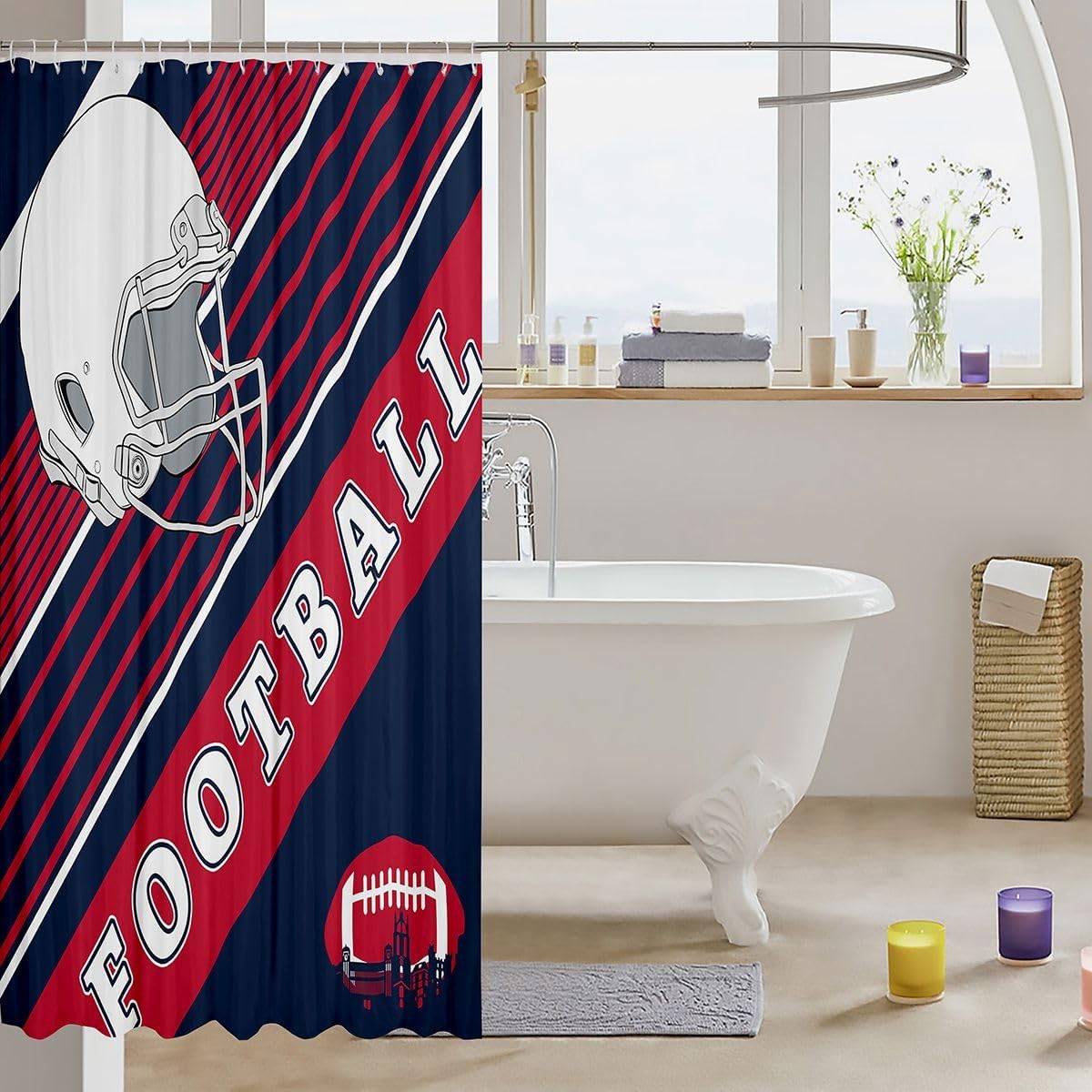 Erosebridal Football Themed Fabric Shower Curtain 72" Wx78 L, Rugby Sports Decor Shower Curtain Gridiron Seasonal Bathroom Shower Curtain Set, Boys Navy Blue and Red Bath Curtain