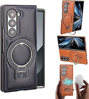 Premium PU Leather Magnetic Case with Stand for Samsung Case, Transmitg Phone Case with Magnetic Invisible Ring Stand for Samsung Fold 3/4/5/6 Blue,Z Fold 4