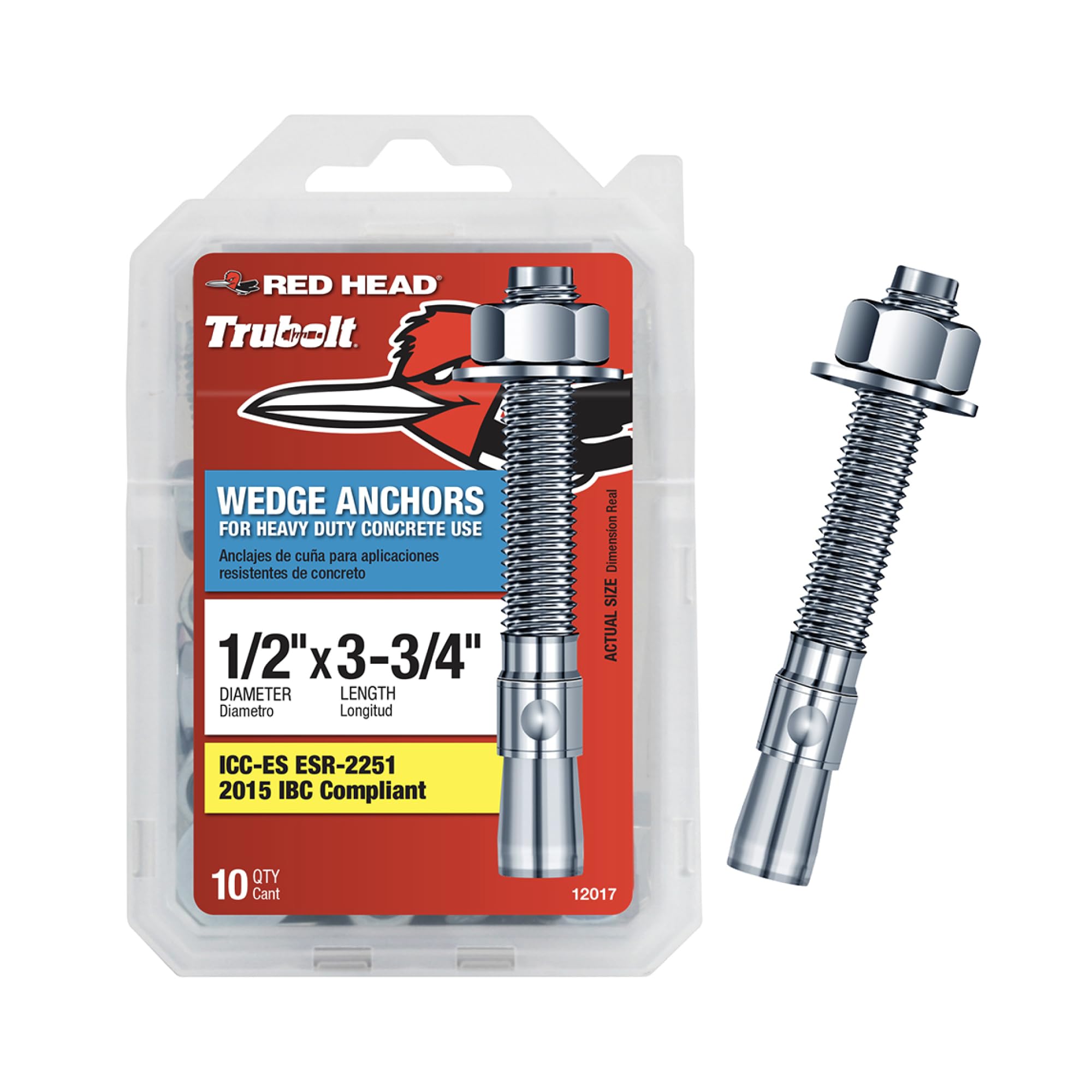 Red Head TruBolt® 1/2 x 3-3/4 Inch Wedge Heavy-Duty Concrete Anchors, 10 PCS, Versatile Threaded Design for Fastening into Solid Concrete with 360-Degree Contact, Stainless Steel