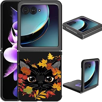 for Samsung Galaxy Z Flip 7 Phone Case Women Men Slim Lightweight Hard PC Flip Cover with Black Cat Face Design Wireless Charging Anti-Scratch Shockproof Protective Phone Case for Samsung Z Flip 7