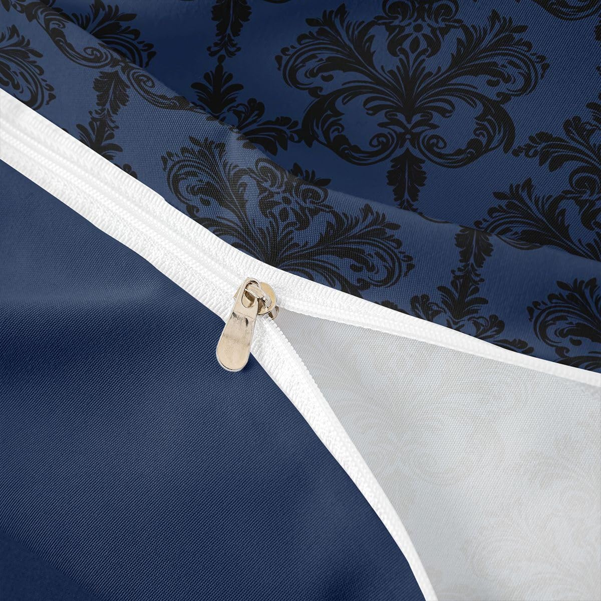 Navy Black Damask Duvet Cover Set Full Size,Gothic Vintage Damask Floral Bedding Set 3pcs,Antique Victorian Baroque Quilt Cover with Zipper Closure,Kids Girls Room Decor,2 Pillowcases,No Comforter