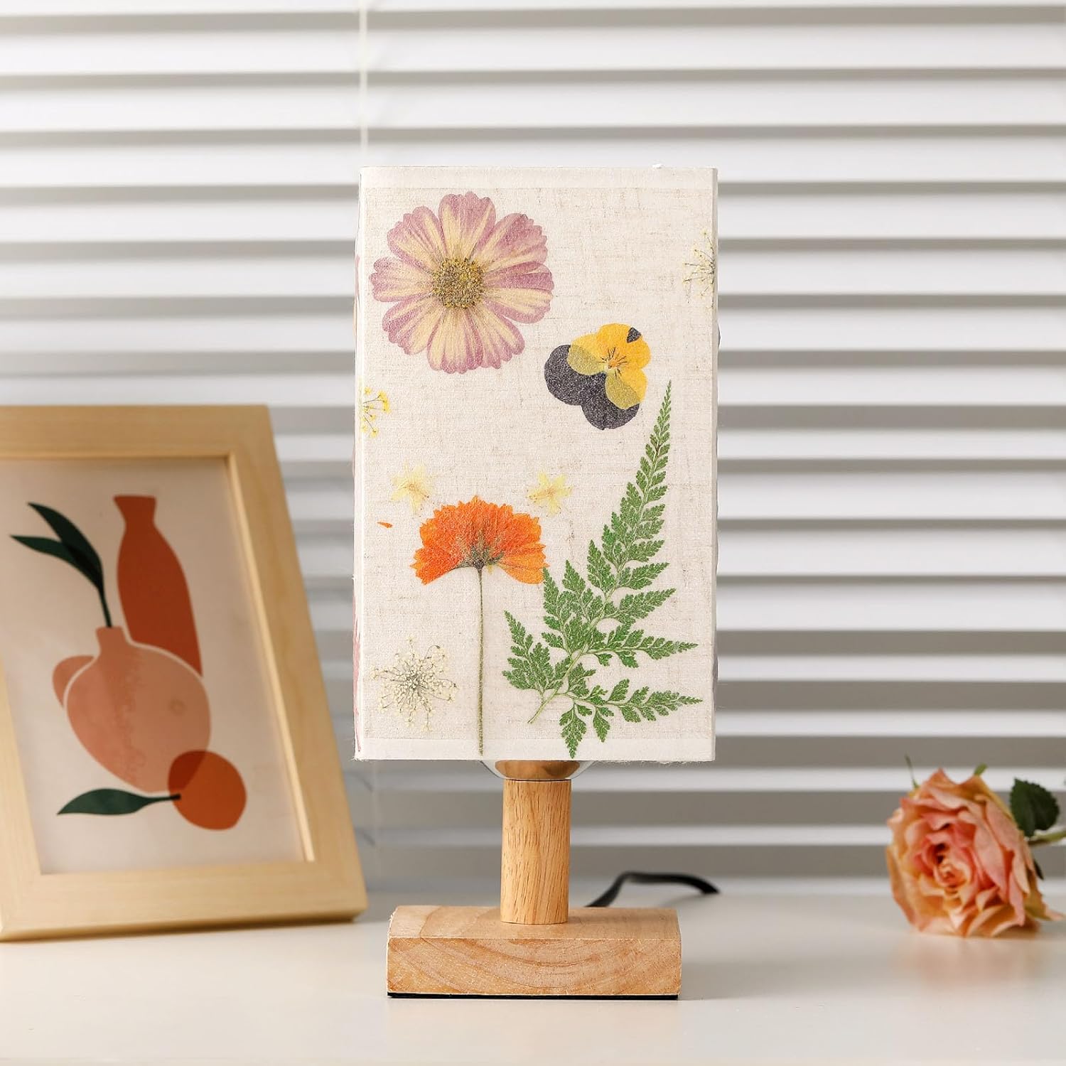 Dried Flowers Table Lamp 5W LED 3Color Temperatures Pressed Flower Bedside Lamp Square Linen Shade with Wood Base for Bedroom Living Room - Image 3