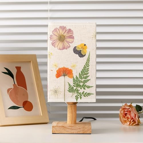 Miniatura 3 de Lámpara de mesa de flores secas 5W LED 3Color Temperaturas Pressed Flower Night Lamp Square Linen Shade con base de madera para dormitorio sala de