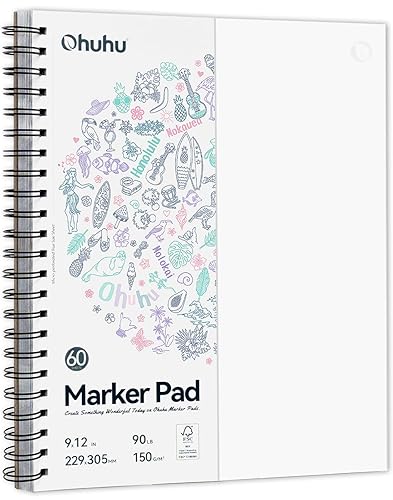 Ohuhu Double-Sided Marker Pads Art Sketchbook Bleedproof - 9"x12" Large Paper Size - 90 lb/150 gsm Smooth Drawing Paper - 60 Sheets/120 Pages, Spiral Bound Sketching Book for Alcohol Markers - 9x12