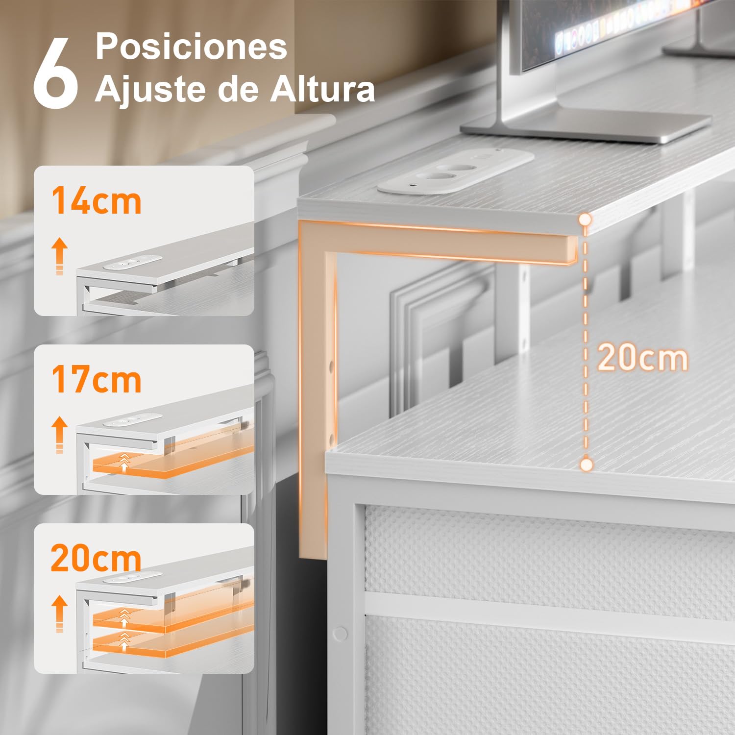 HLFURNIEU Escritorio con 8 Cajones de Tela, 120 × 50 cm Mesa Gaming LED con Enchufes & Puertos USB, Mesa Gamer con Soporte para Monitor, Escritorio Ordenador para Juegos y Oficina en Casa, Blanco | Toma integrada, puerto USB, almacenamiento, soporte de mo