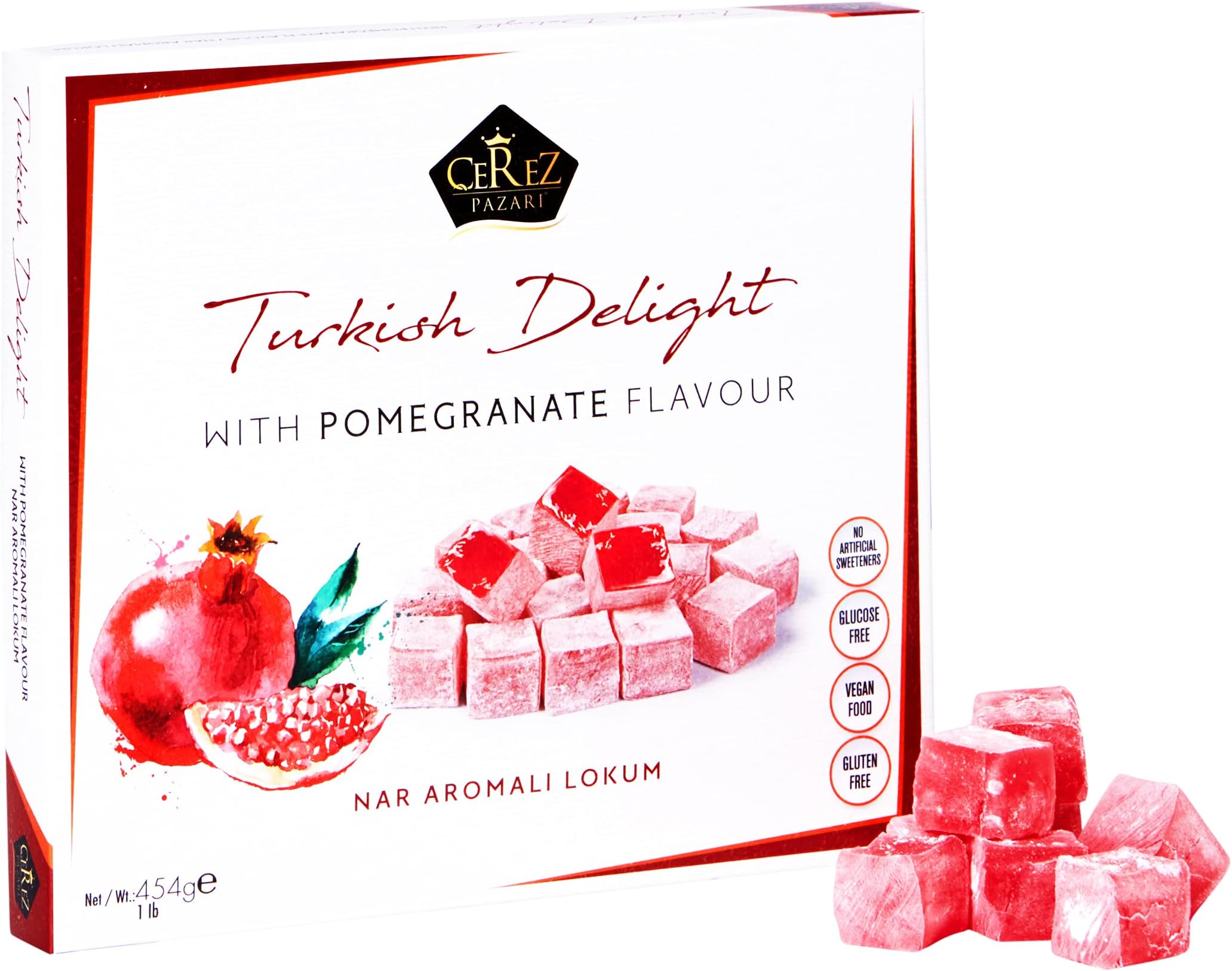Cerez Pazari Turkish Delight with Pomegranate Flavour 454g, Gourmet Medium Size Snacks Gift Box No Nuts Sweet Luxury Traditional Confectionery Vegan Candy Dessert Glucose Free Lokum