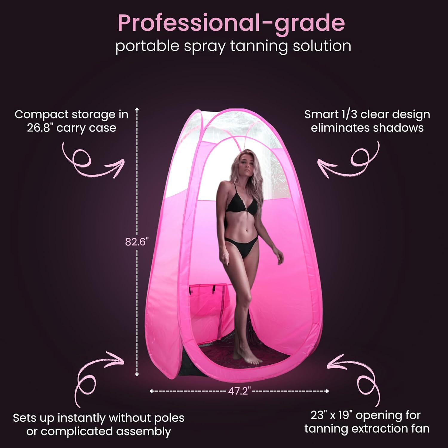 Large Spray Tan Tent – Deluxe Pop Up Tent Portable Tanning Booth with Carry Case – Clear Window for Perfect Spray Tanning – Easy Clean for Home & Salon Pink