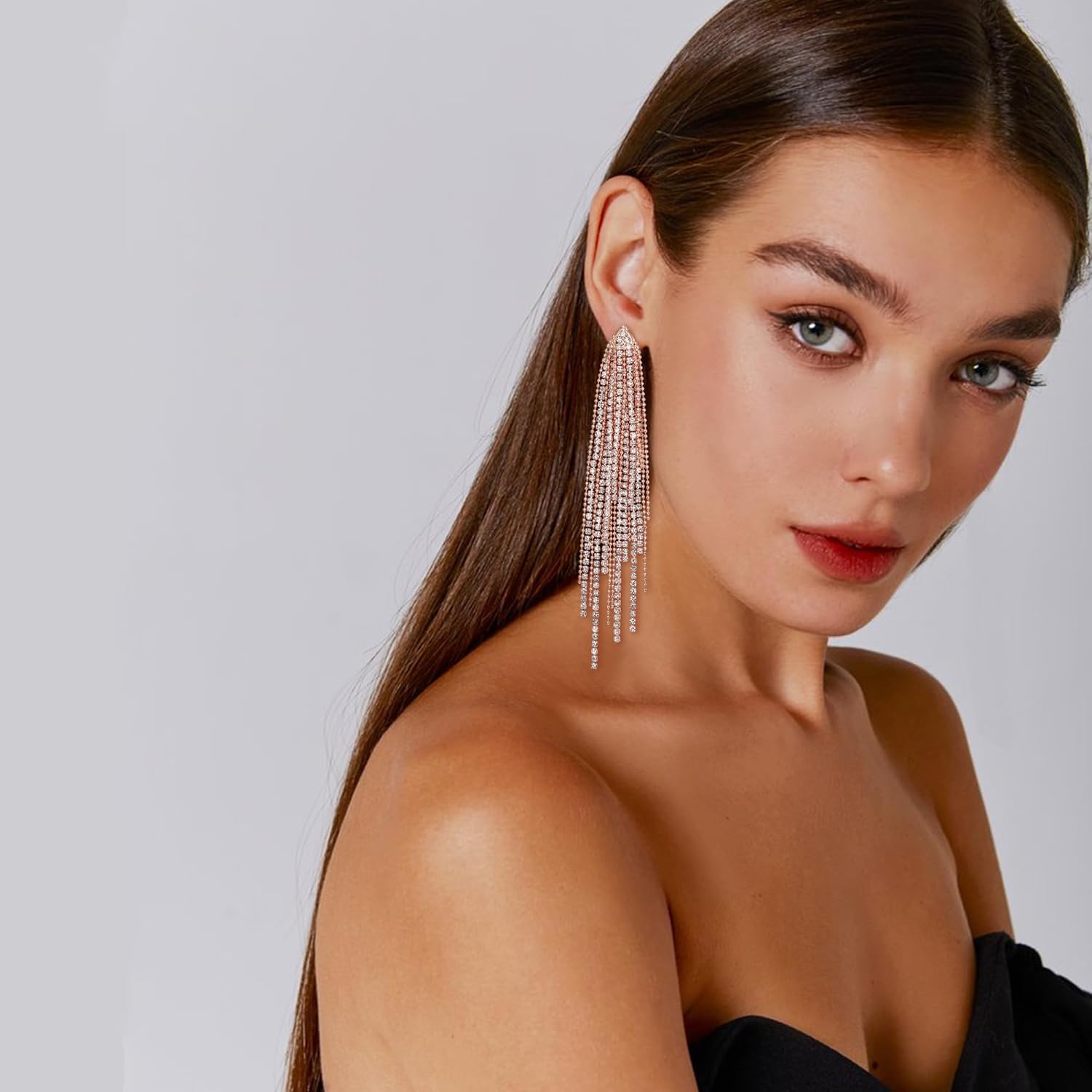 Flyonce Sparkly Rhinestone Chandelier Earrings, Wedding Bridal Crystal Statement Tassel Long Dangle Earrings fo Women s - Image 3