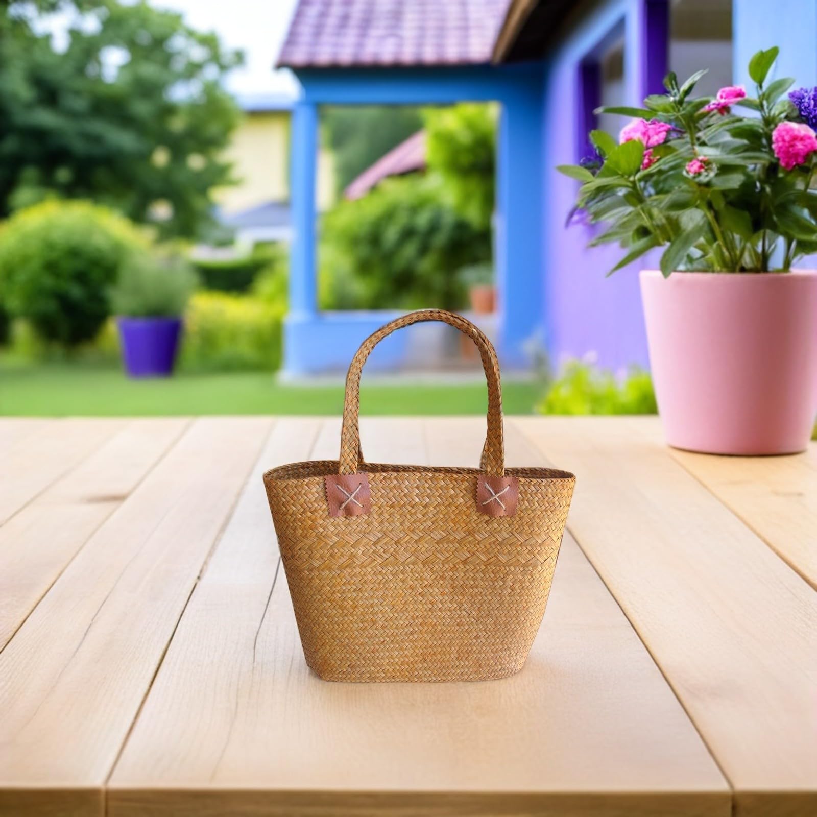 COLLBATH Sac en paille tissée à la main jaune motif floral Petit panier en osier pour pique-nique et plage Sac d'été multifonction pour femme Panier décoratif