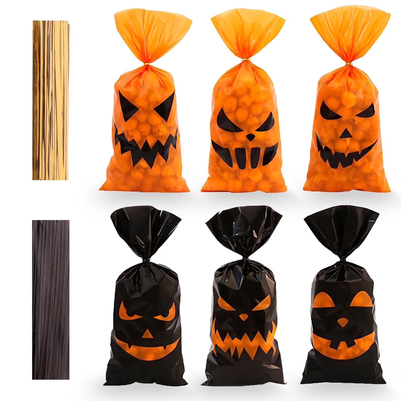 100 Pcs Ghost Halloween Sweets Bags, Black Orange Trick or Treat Bags