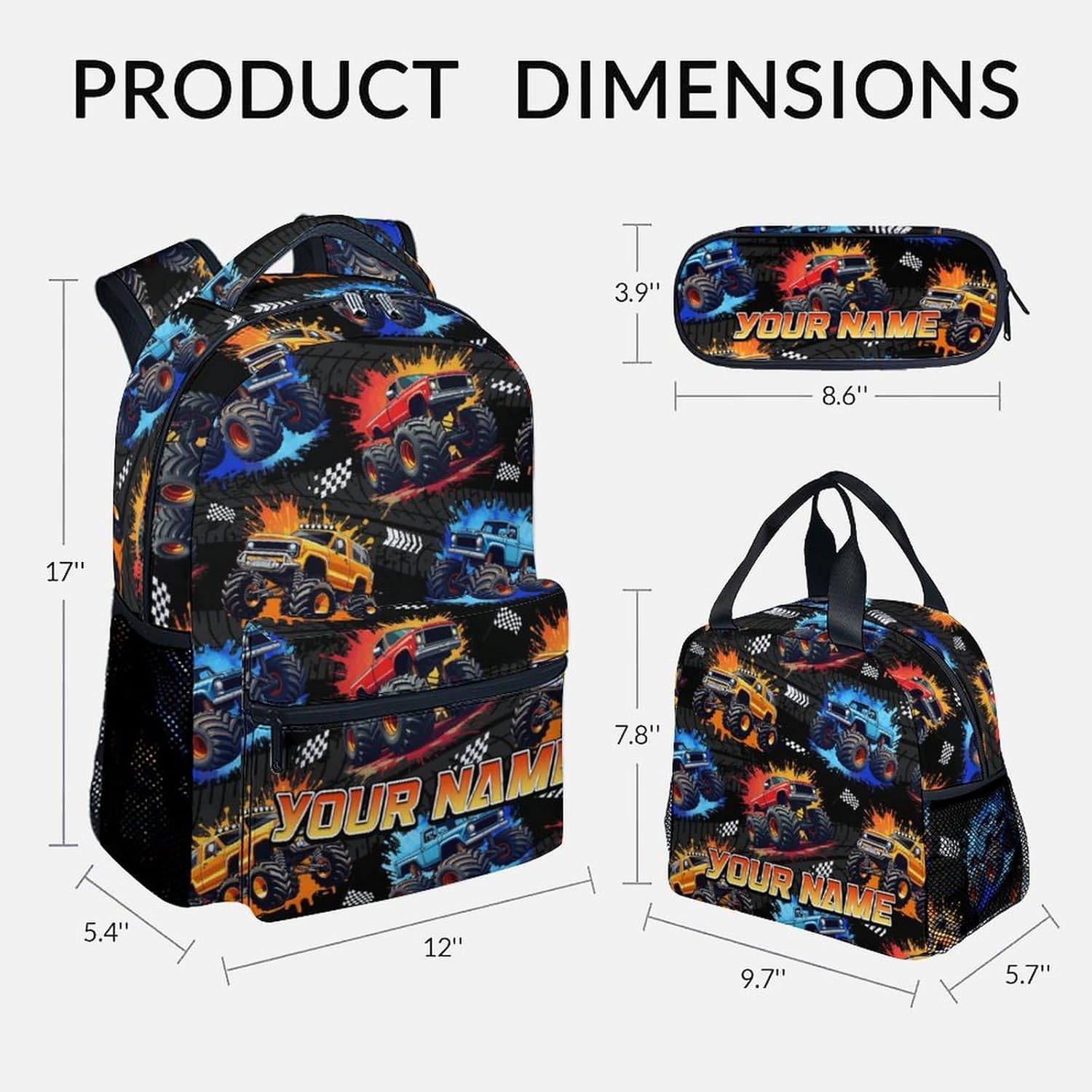 Toddler Backpack Set - Personalized Truck Backpacks with Name for Boys - 3-Piece Kids School Bag with Lunch Box and Pencil Case - Custom Bookbag Gifts for Kindergarten Preschool Elementary