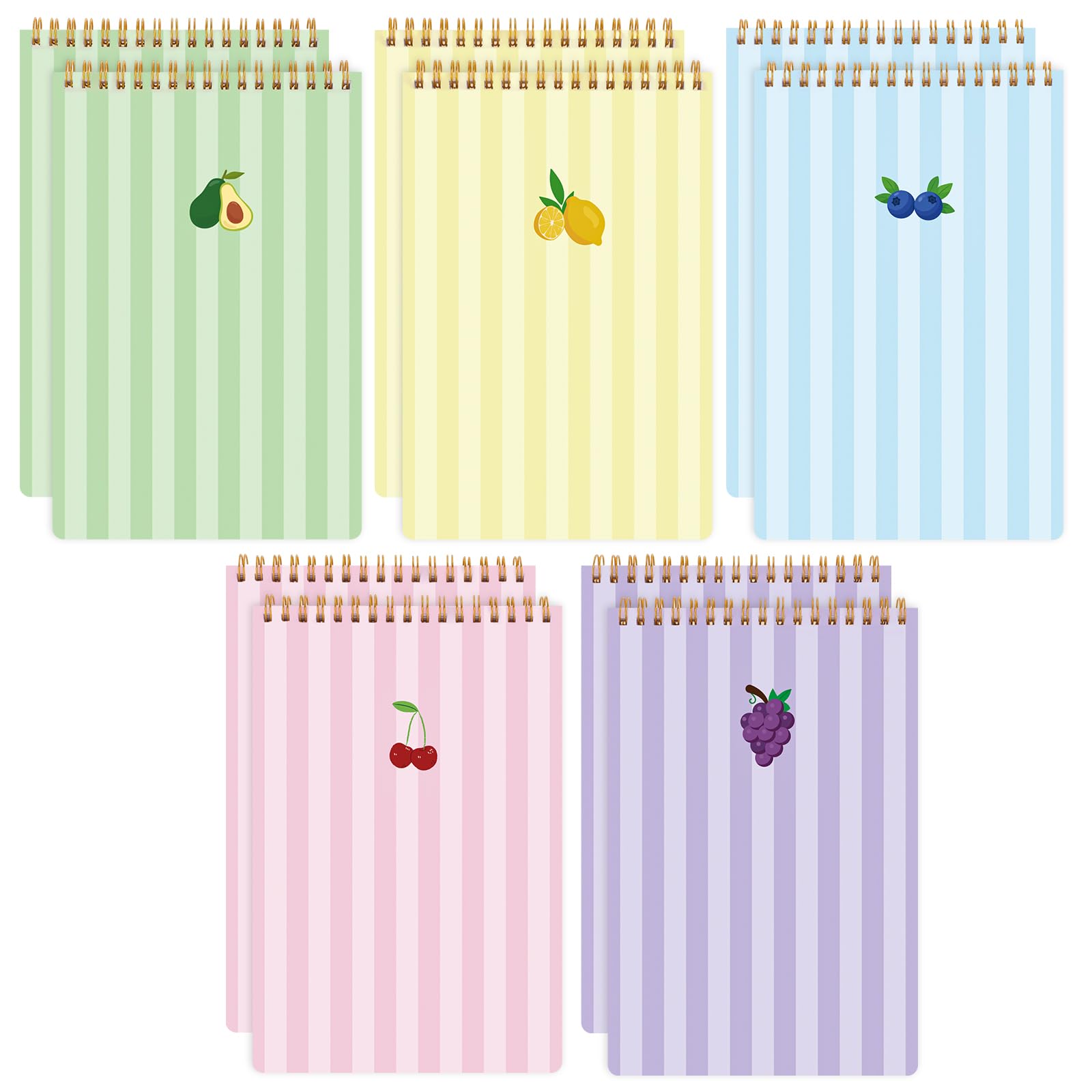 Thboxes 10 Pack 6 x 9 Steno Pads Top Spiral Notebook 5 Color Fruit Covers, White Paper with Double-sided Ruled Printing,80 Sheets Per Pad, for School, University, College, Work, Office.