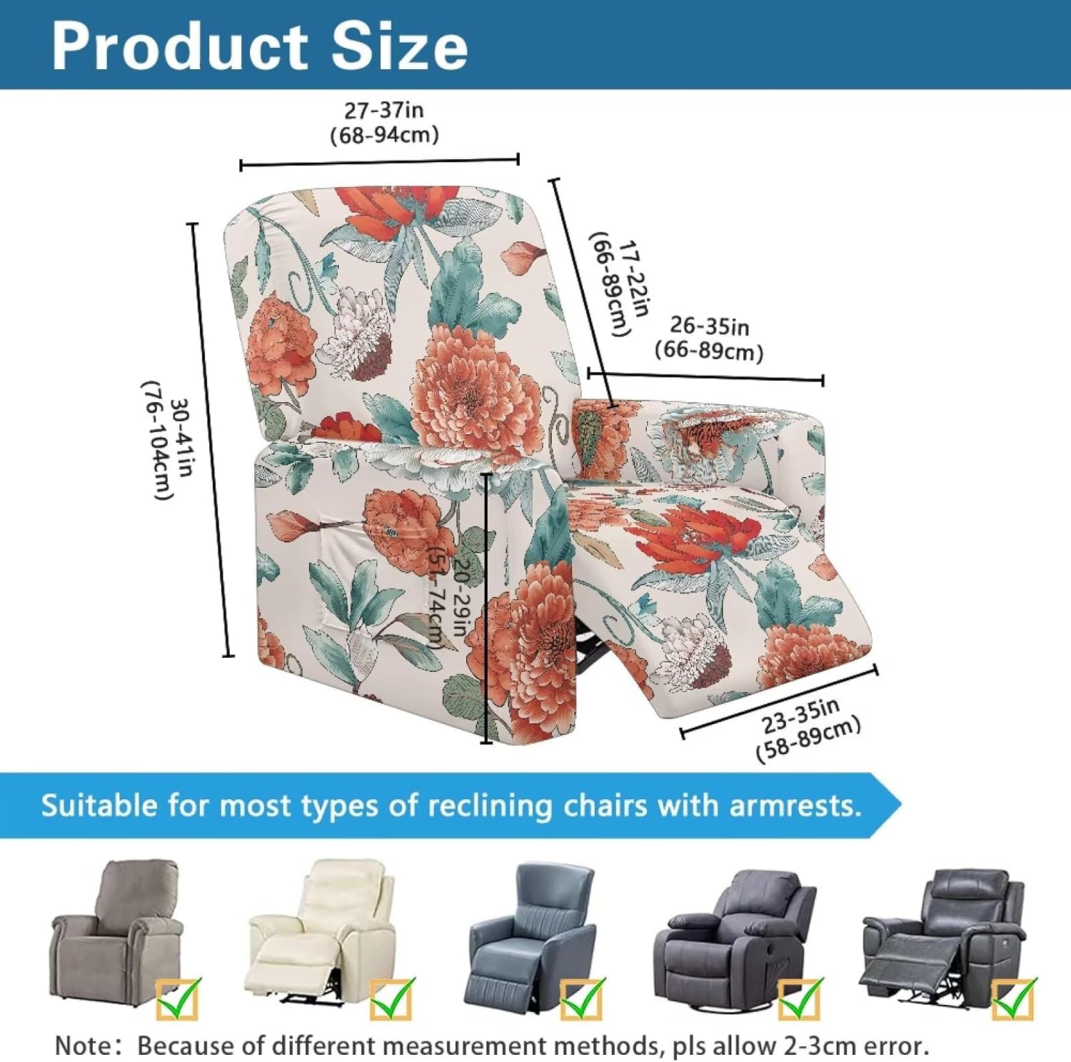 Chair Covers Armchair 4 Piece Peony Sofa Cover for Dogs Non Slip Chaise Covers for Living Room Polyester Spandex Machine Washable