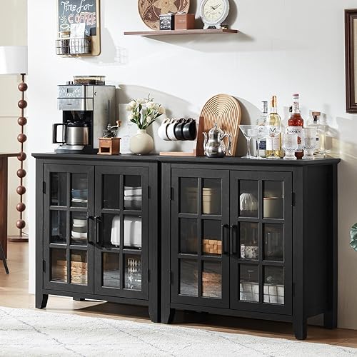 Vista 26 de Aparador Buffet Grande con Almacenamiento, 32" Gabinete Negro Estilo Granja para Cocina Café Vino Bar con 2 Puertas de Vidrio, Mesa Aparador