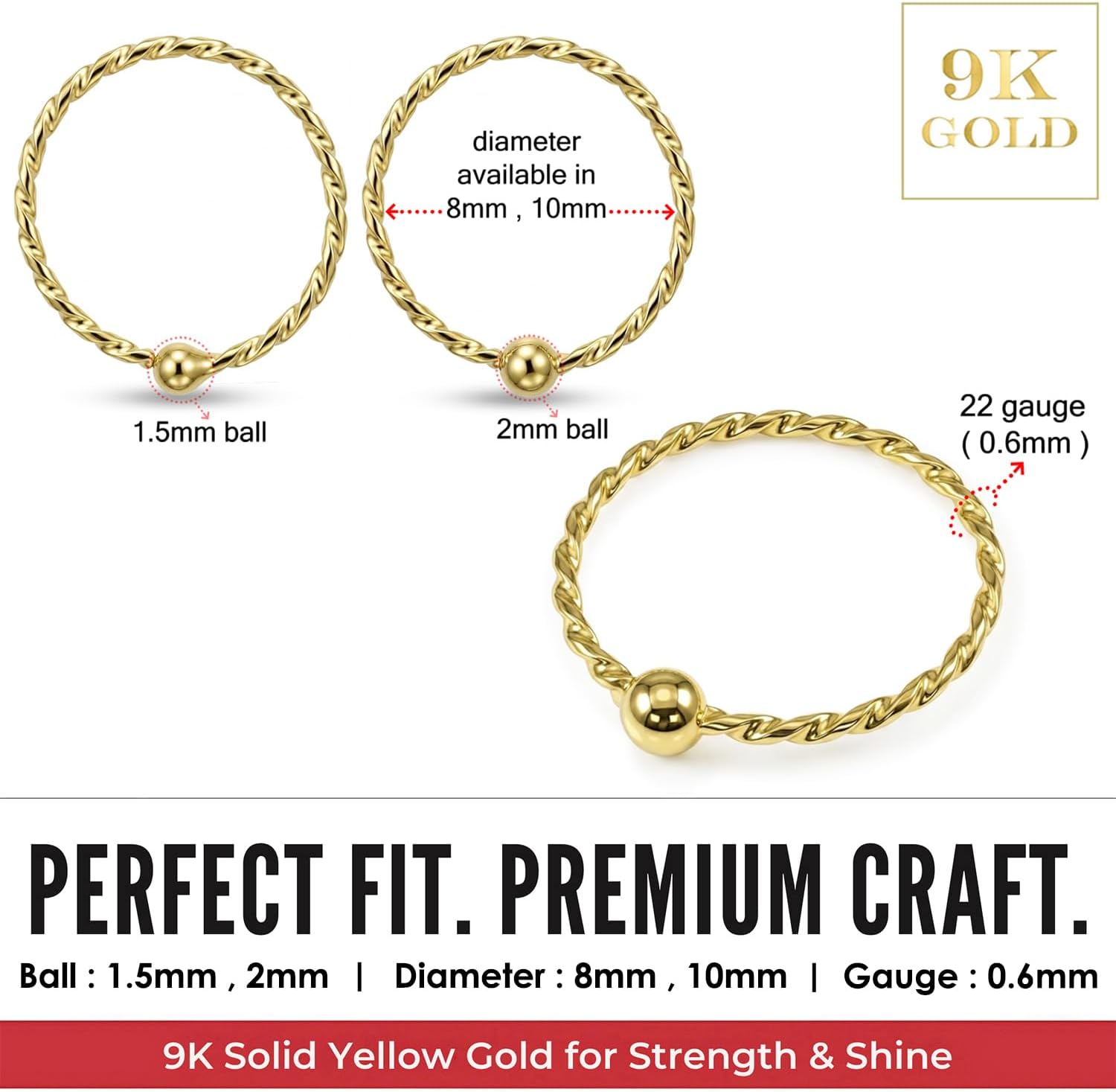 9K Solid Yellow Gold 22 Gauge - 8mm, 10mm Diameter with 1.5mm, 2mm Ball Laser Cut Twisted Captive Bead Ring Nose Hoop Ring - Cartilage - Daith - Rook - Lobe - Conch Piercing Body Jewelry