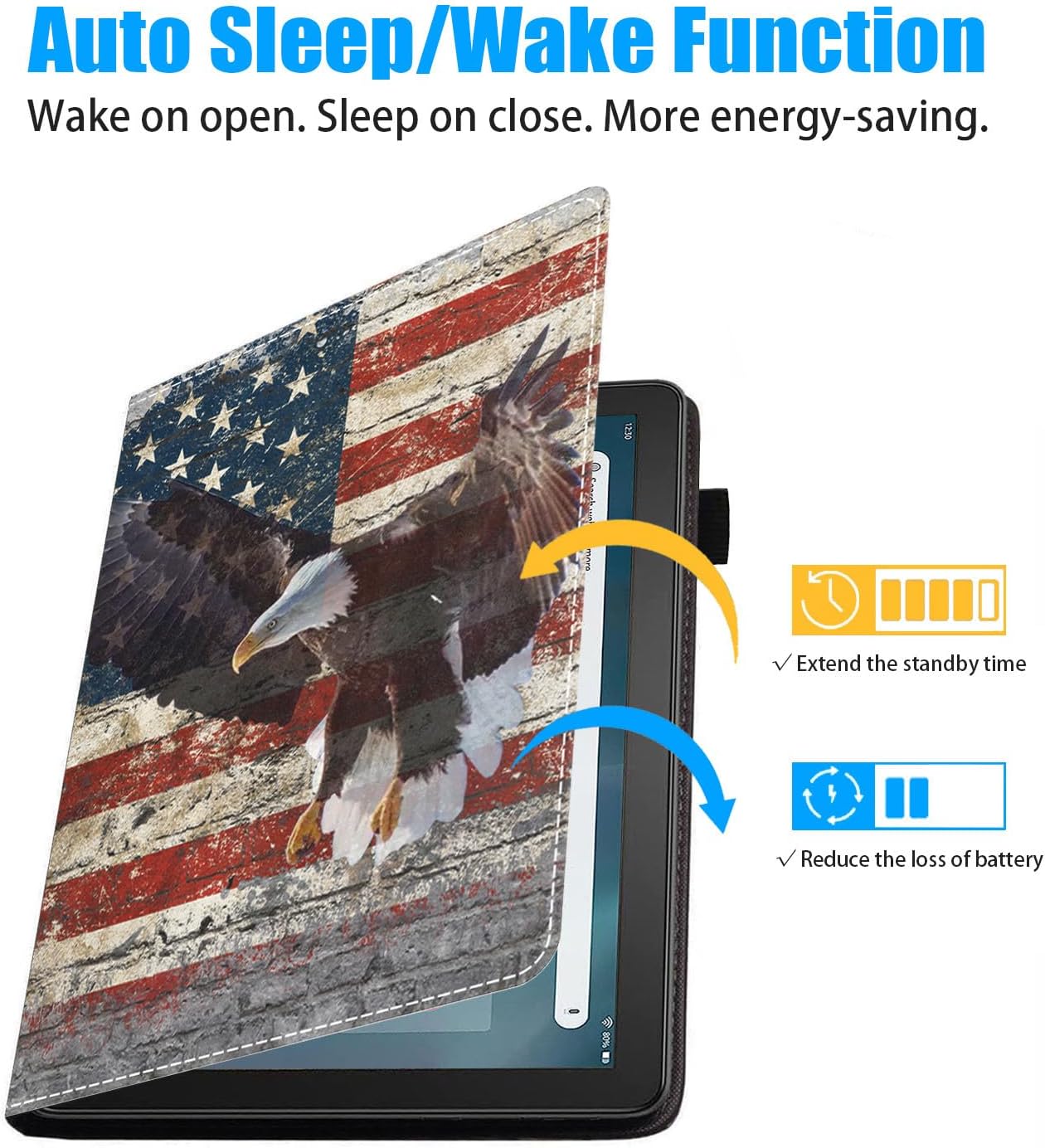 Case for Amazon Fire HD 10 Tablet 10.1 inch (9th/7th Generation, 2019/2017 Release) - Slim Lightweight PU Leather Stand Cover with Auto Wake/Sleep, Military Wall Graffiti USA Flag Bald Eagle