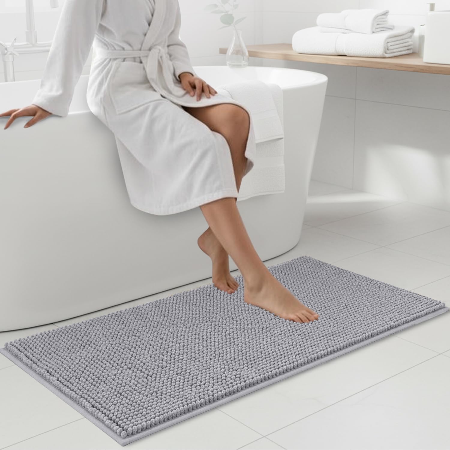 Hafaa Bath Mat Non Slip Anti Mould – Light Grey Chenille Bathroom Mat 60 x 90 cm Machine Washable Bath mats Super Absorbent Extra Soft Fluffy Shower mat