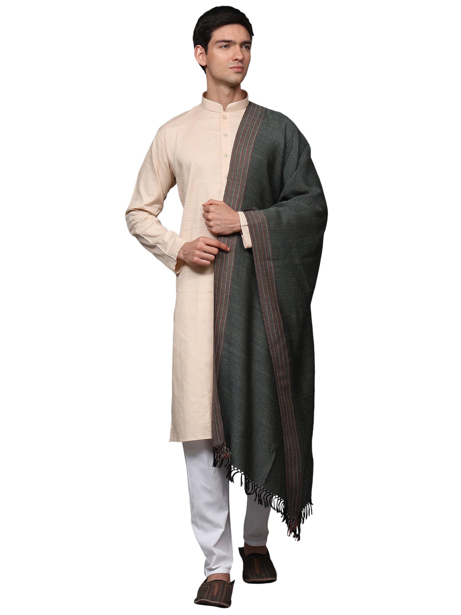 Men's Reversible Wool Stole with Chevron Weave and Multi Stripe Border | Soft Warm Wool Kullu Shawl,Scarves-image-45