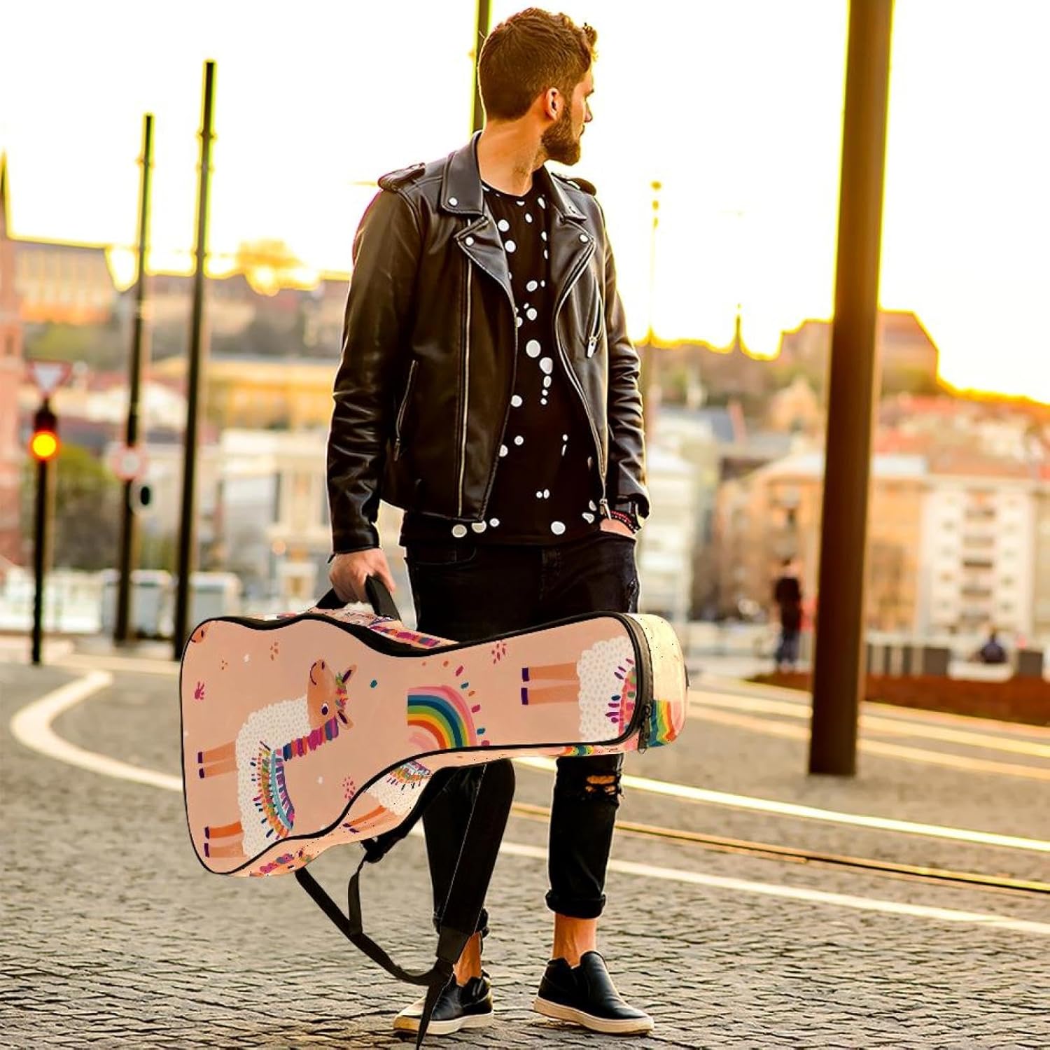 Acoustic Guitar Gig Bag 10mm Thick Padding, Soft Waterproof Guitar Case with Adjustable Backpack Straps for 40-42 Inch Guitar, Cute Cartooon Llama with Rainbow