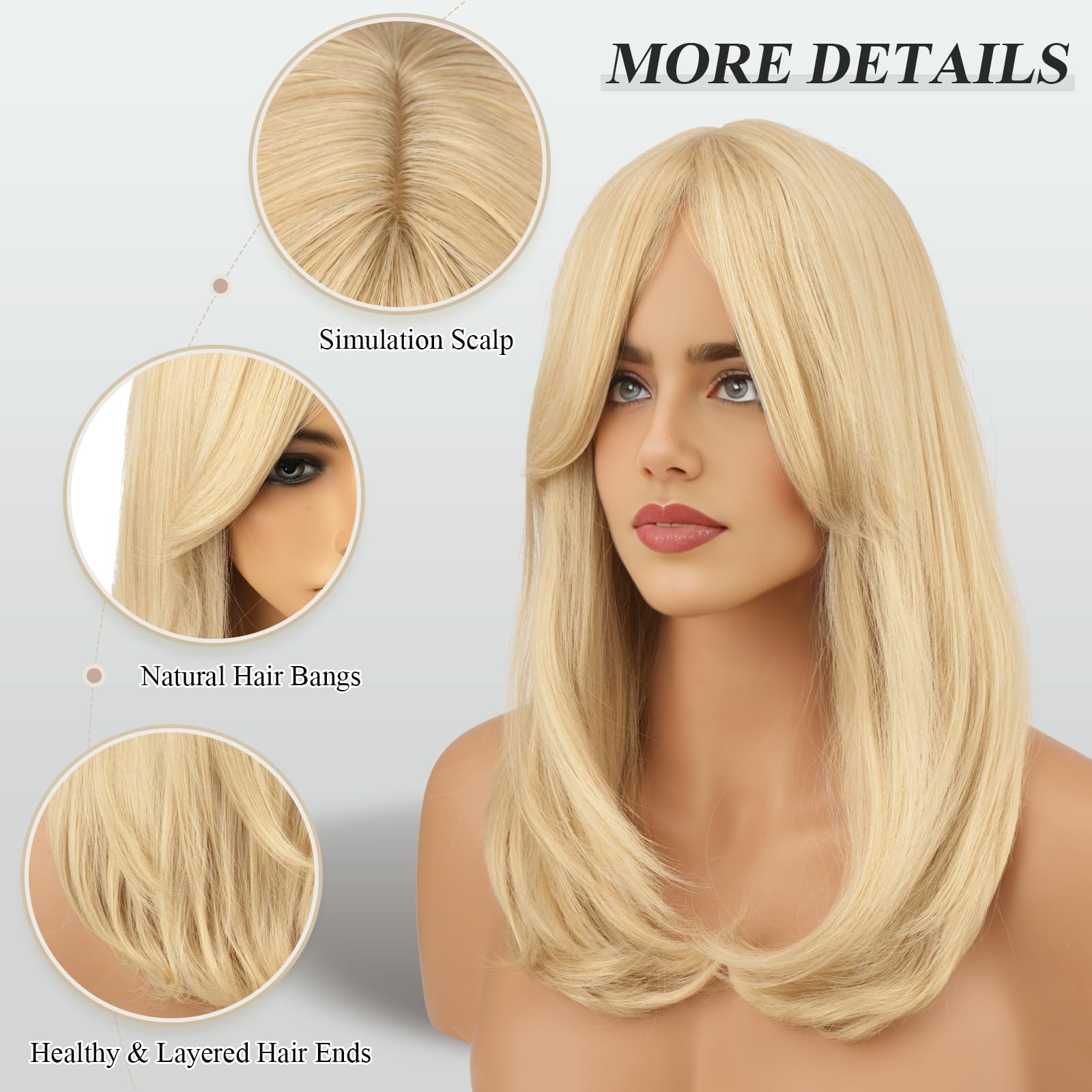 FESHFEN Blonde Wigs with Bangs for Women Synthetic Natural Looking Long Layered Straight Blonde Hair Wig for Daily Party Use 18 inch - Image 4