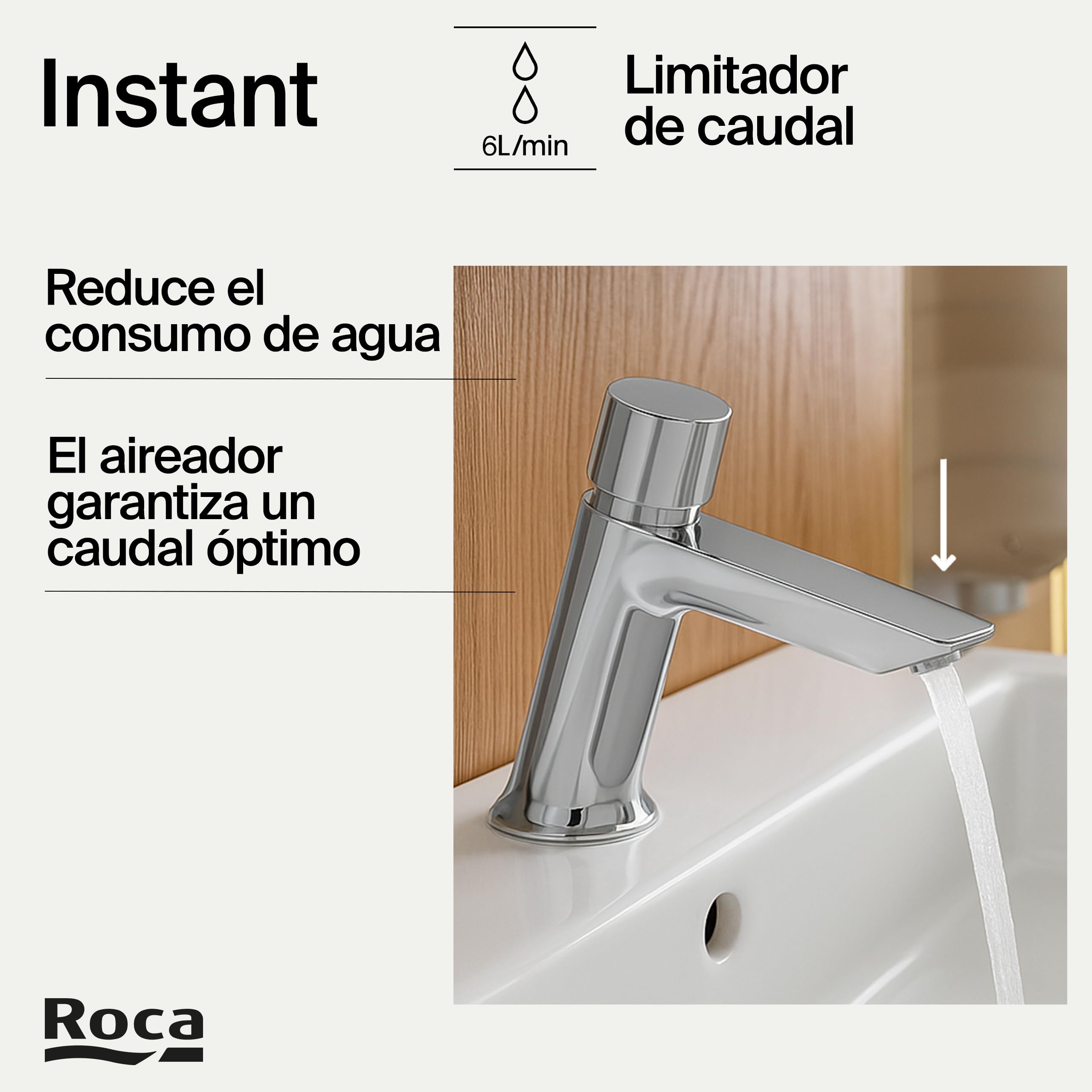 Roca Instant Grifería para lavabo temporizada, grifo monomando de repisa con pulsador, mezclador para cuarto de baño con limitador de caudal y cierre automático en 15 segundos, cromado, A5A4277C00
