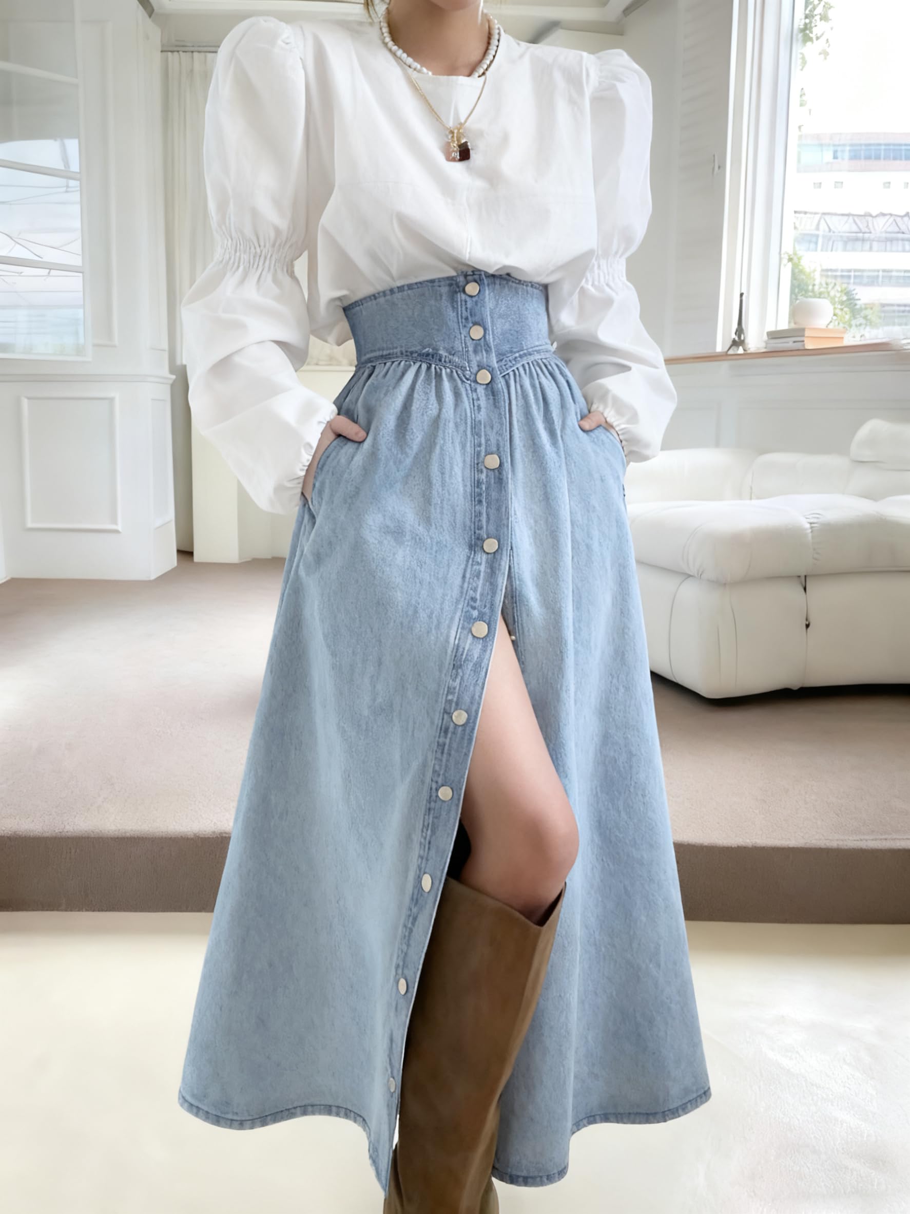 utcoco Langer Jeans-Maxirock für Damen mit hohem Bund, durchgehender Knopfleiste, A-Linie, schwingendem Schnitt und Taschen