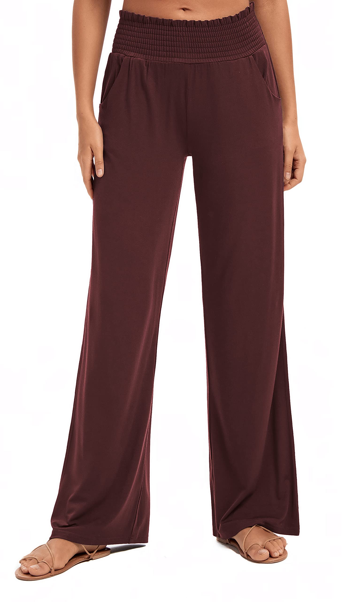 Urban Coco Pantalon Palazzo Fluide Taille Haute pour Femme - Taille élastique - Jambe Large - Extensible - Jambe Droite - Pantalon habillé et décontracté