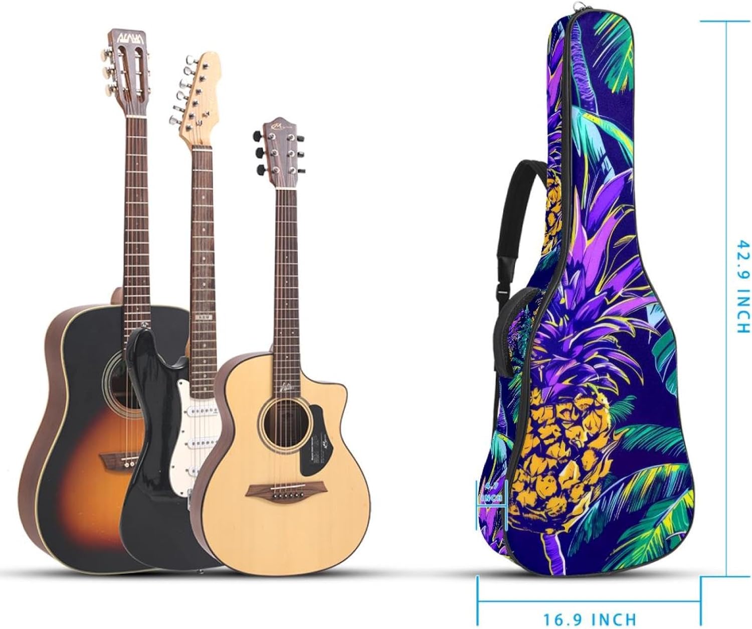 Acoustic Guitar Gig Bag 1 cm Thick Padding, Waterproof Electric Guitar Bag 40-42 Inch Guitar Case Backpack with Dual Shoulder Strap, Tropical Palm Trees Leaves Pineapples