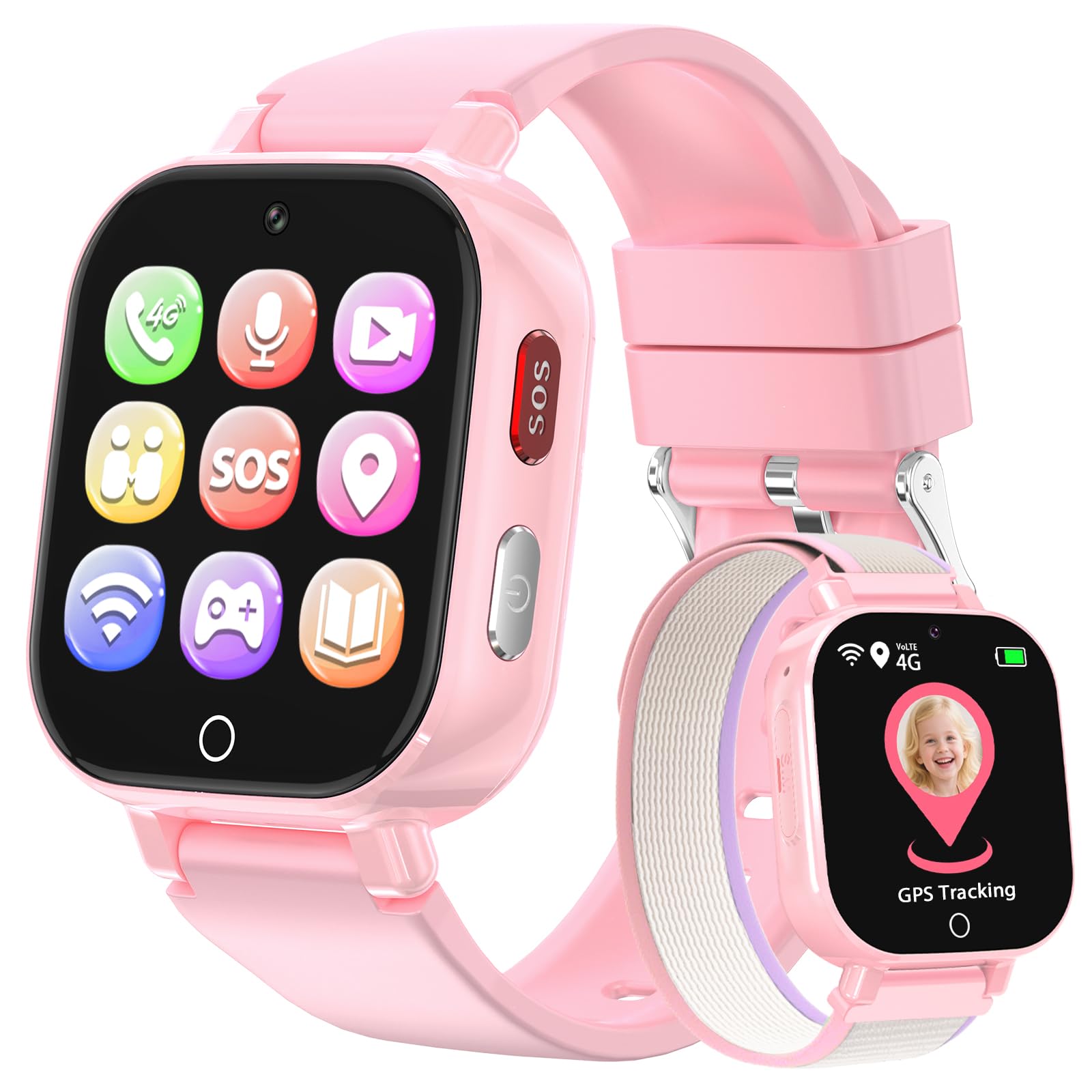 PTHTECHUS 4G Reloj Inteligente Niño con Videollamada, GPS, SOS, Chat de Voz, IP68 Impermeable, Modo Escuela, Podómetro, Despertador, Reloj Infantil Regalo para Niños Niñas de 4 a 12 Años (Rosa-8A)