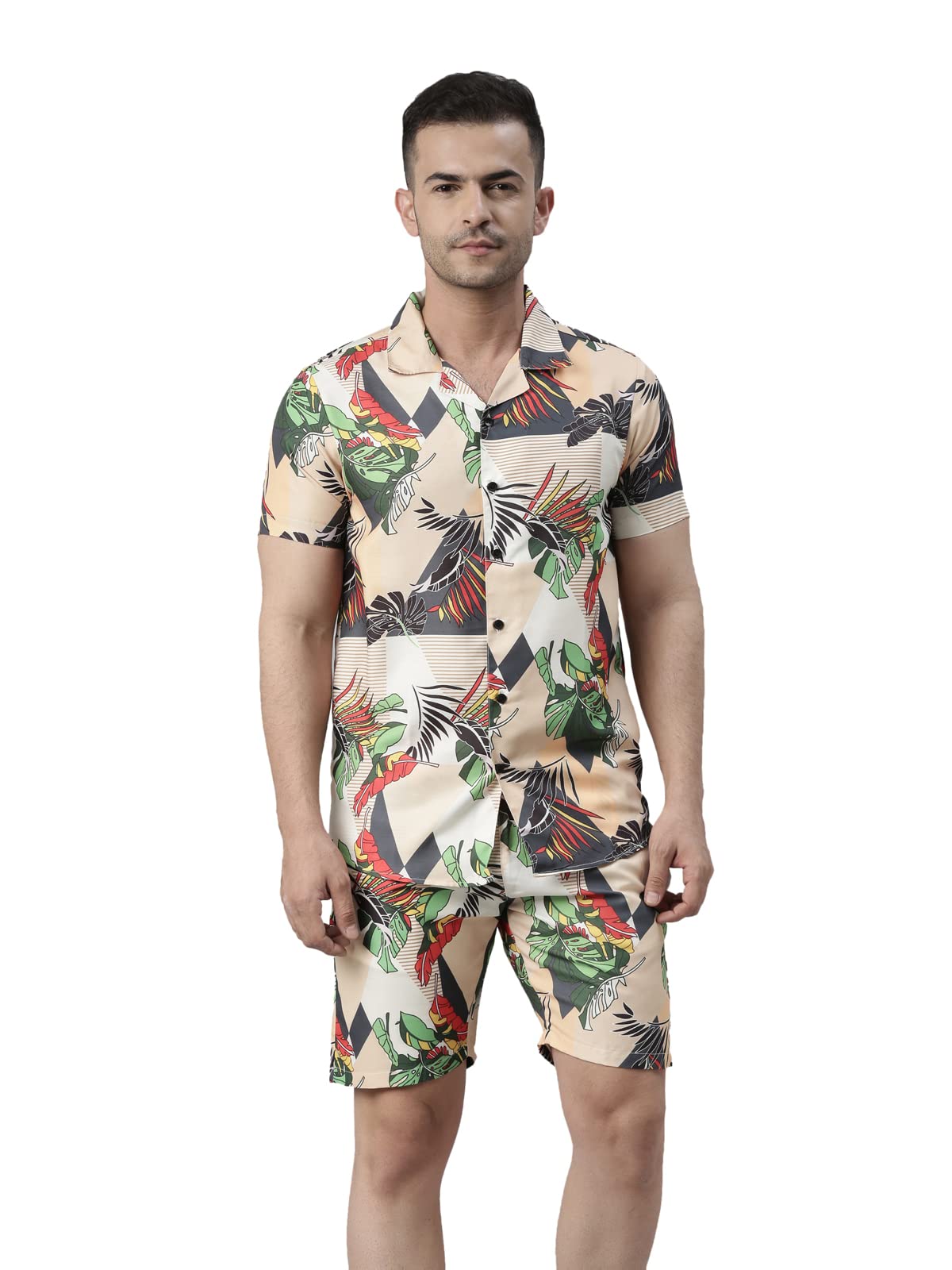 bushirt Men's Beige Rayon All-Over Printed Pajama Set, Short Sleeves Button Front Night Suit, Relaxed Fit Co-Ords with Chinese Collar & Elastic Waist Pajamas, Stylish & Comfortable Sleepwear - L-picture-25