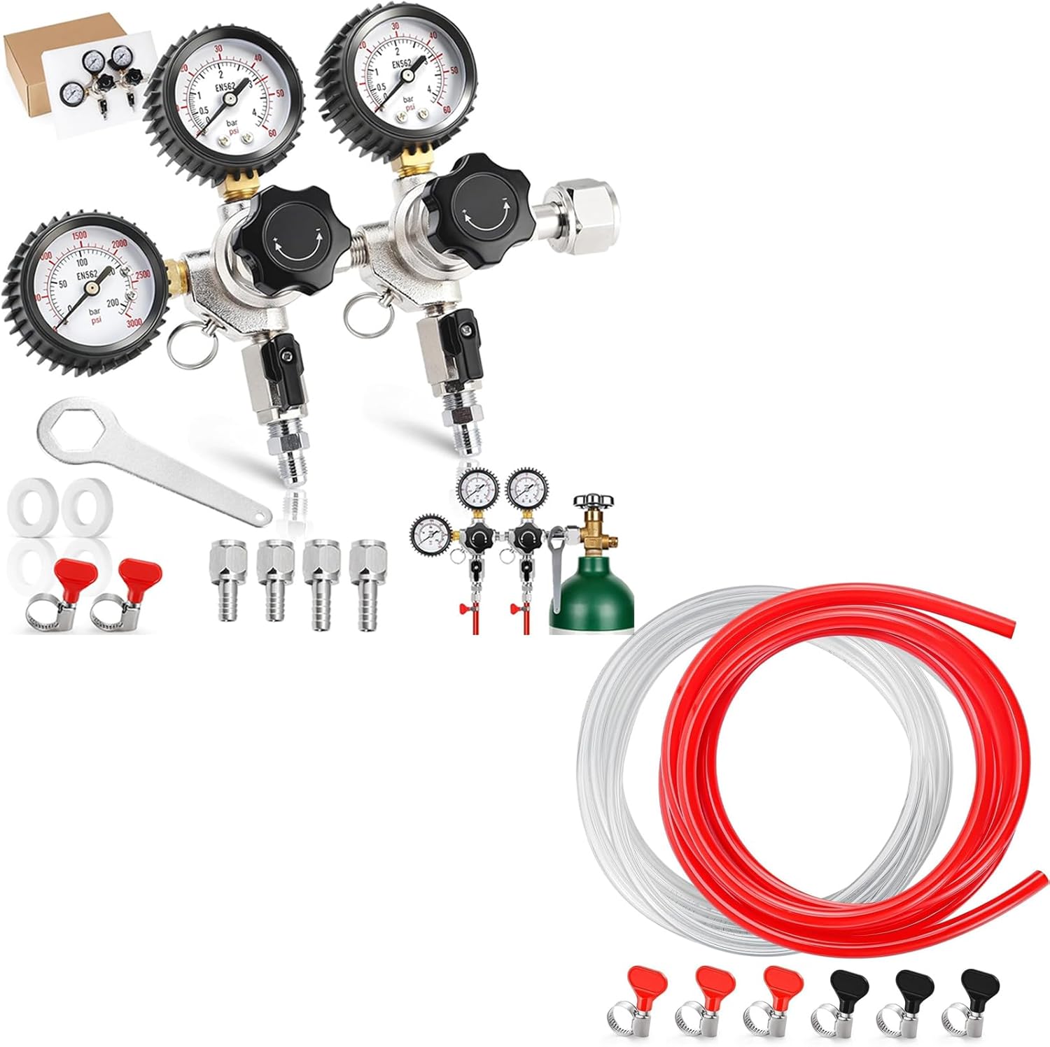 New Dual Co2 Regulator for Kegerator with Tank Wrench & 10FT Kegerator Beer Co2 Gas Dual Lines Kit for Home Brewing