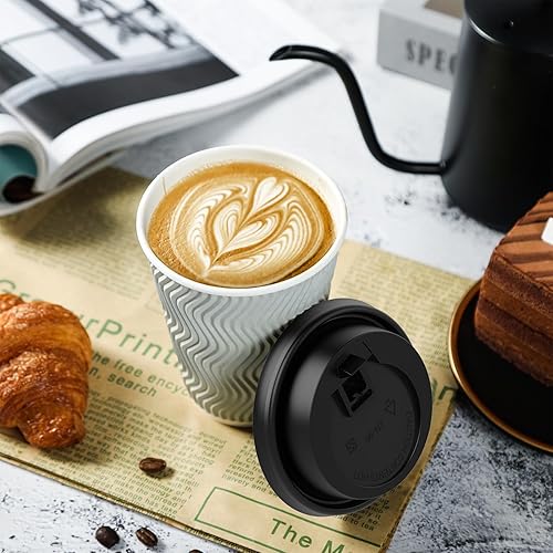 Vista 16 de MUCHII Tazas de café de papel desechables de 8 onzas, 100 tazas aisladas onduladas con tapas y pajitas para té, chocolate caliente y bebidas